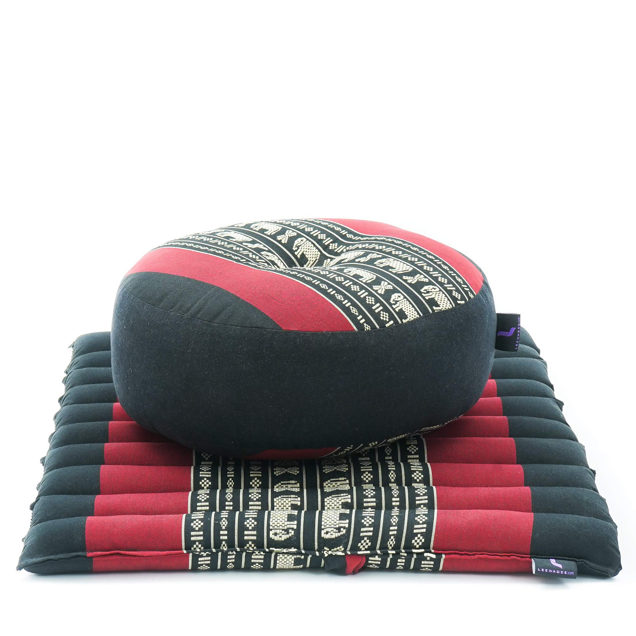 LEEWADEE Meditation Cushion Set Mini – 1 Small Zafu Yoga Pillow and 1 Small Roll-Up Zabuton Mat Filled with Eco-Friendly Kapok, black red