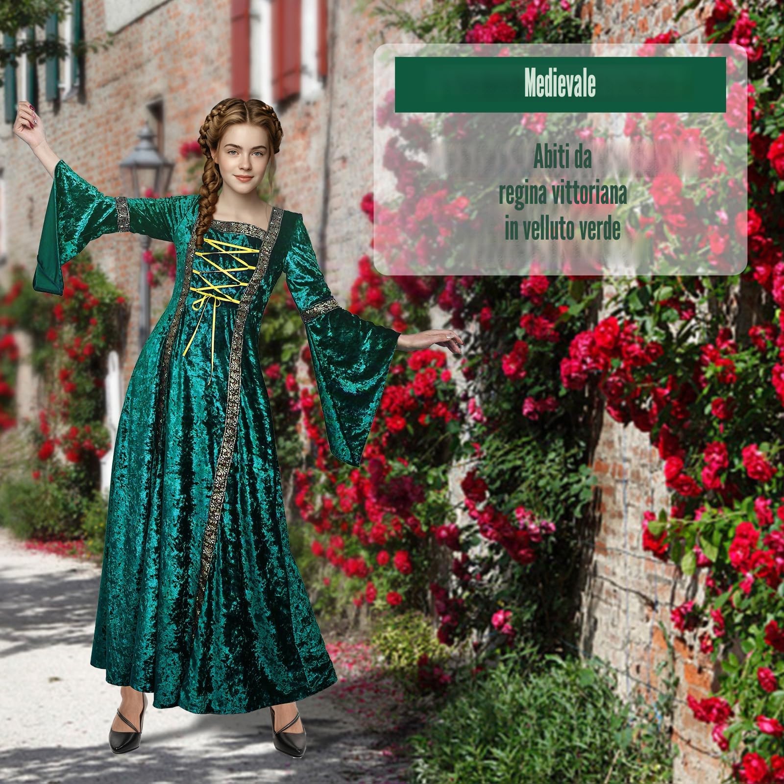 Abito da donna retrò medievale con maniche a tromba, abito medievale in velluto vittoriano, abito rinascimentale irlandese, carnevale, Halloween, feste da principessa