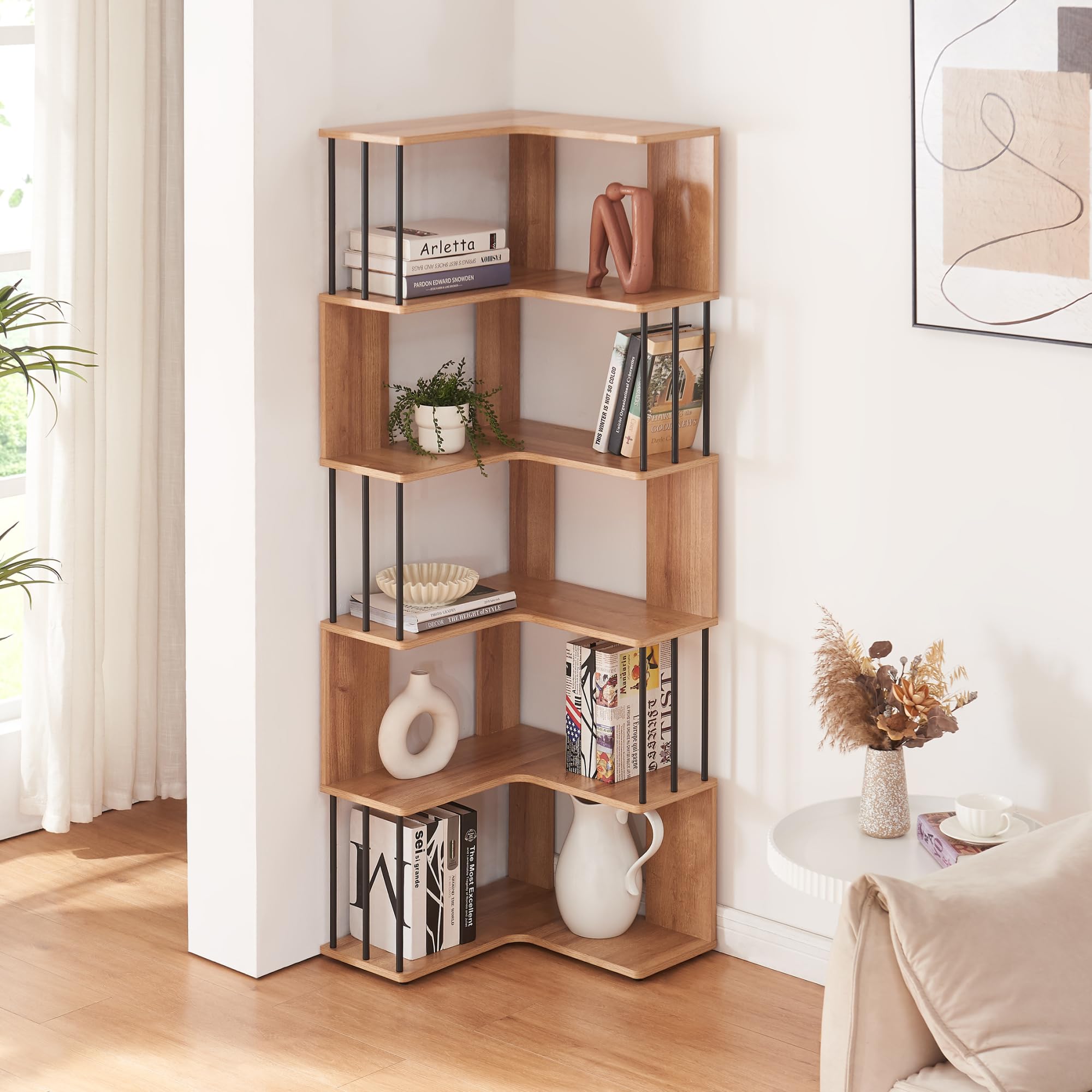 [en.casa] Eckregal Afrel Bücherregal mit 5 Ebenen 160 x 54 x 54 cm offenes Regal Standregal für Wohnzimmer Büro Schlafzimmer Eicheoptik