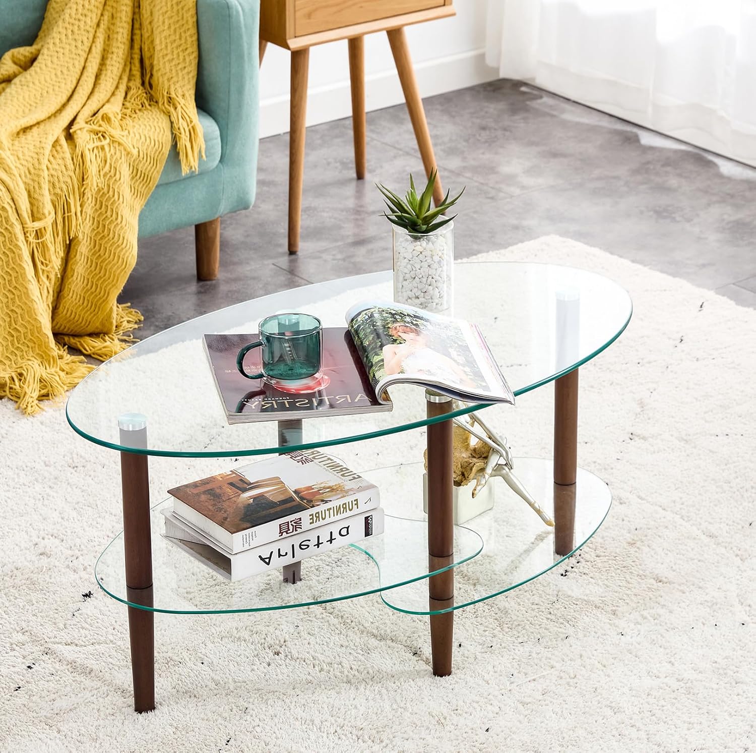 Rectangle Glass Coffee Table,Modern Clear 2-Tiers Coffee Table with Lower Shelf,Tempered Glass Top Center Tables Dining Table with Metal Legs for Home Living Room Furniture (Clear+Brown)