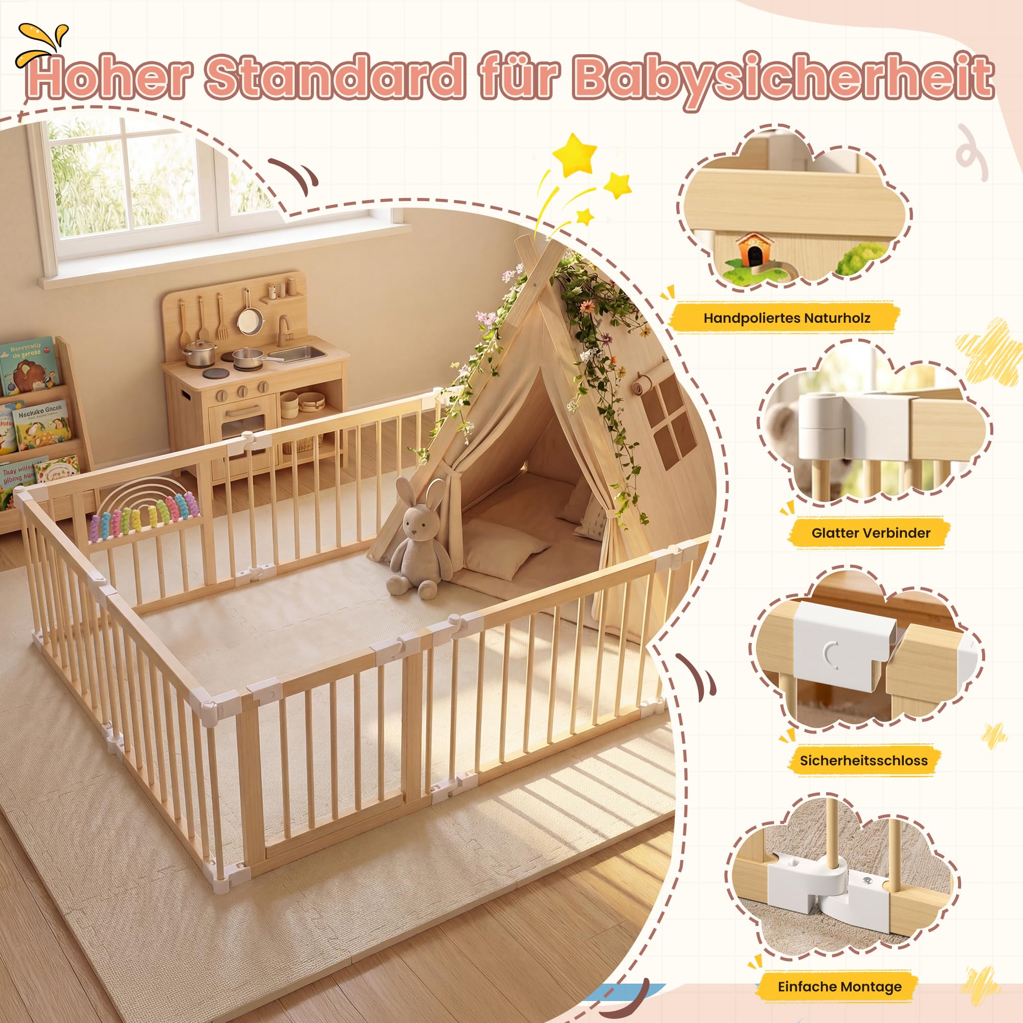 BLEKOO Laufstall Baby Holz mit Spielcenter – 140 x 140 cm Laufstall Baby Faltbar | Verstellbarer Holzlaufstall mit Spielzeug & Tor (8-teilig)