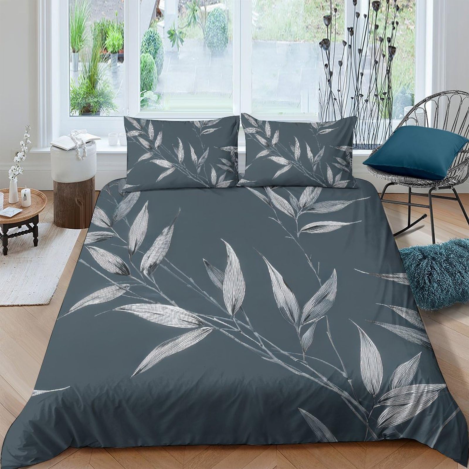 GPLZQXKJNH 3D Printed Leaf Pattern Duvet Cover Microfiber Soft Grey Botanical Bedding Set with 2 Pillowcases for Bedroom Decor Single（135x200cm）