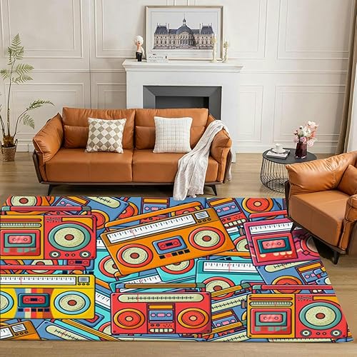 Alfombra retro de radio cassette de los años 70, 80 y 90, estilo garabato, alfombra de 5 x 7 pies, alfombra de área para sala de estar, dormitorio,