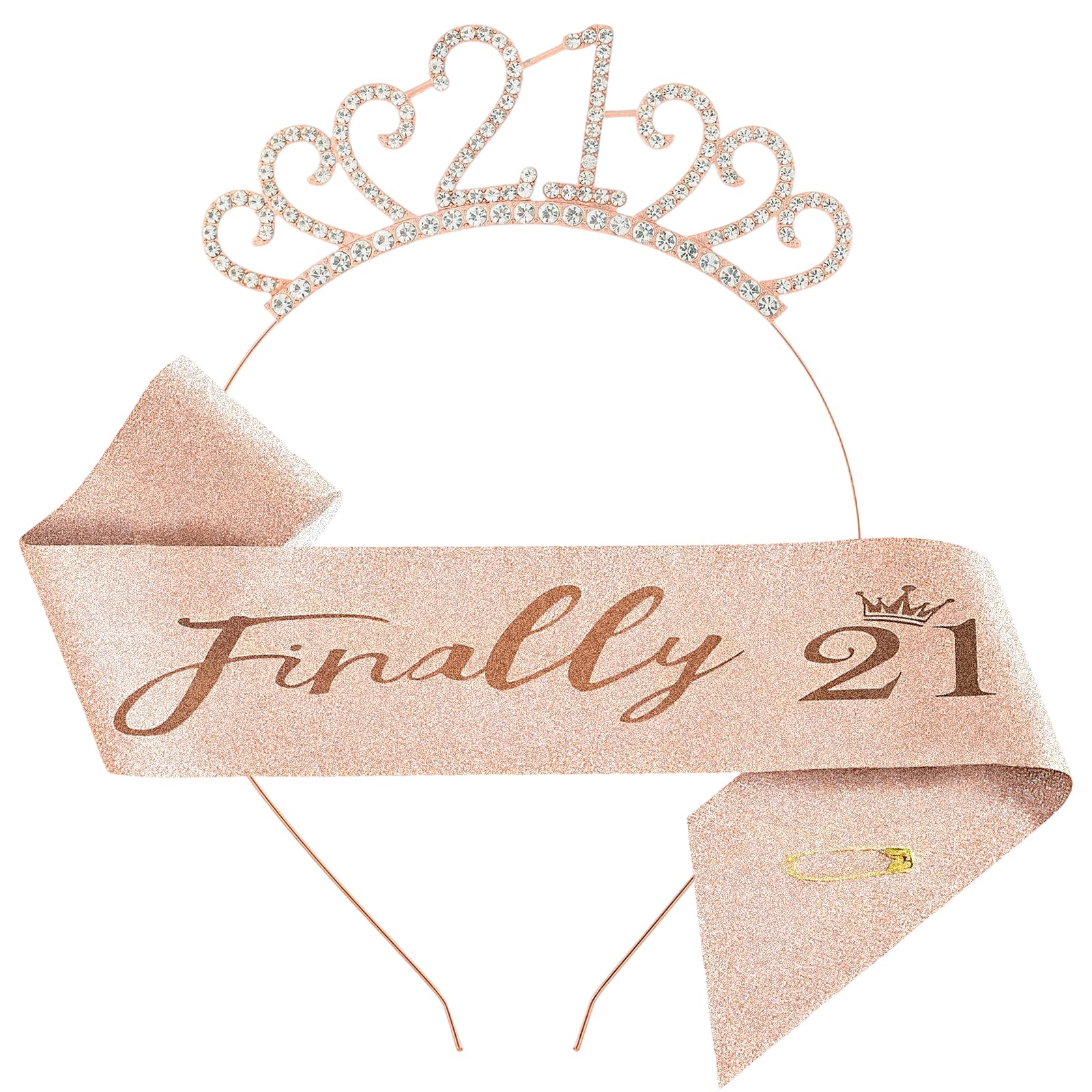 21st Birthday Crown and Sash, Crystal Tiara Crowns Kit for 21st Birthday Gifts, Party Accessories for Girls Women 21 of Birth day Party (Rose Gold)