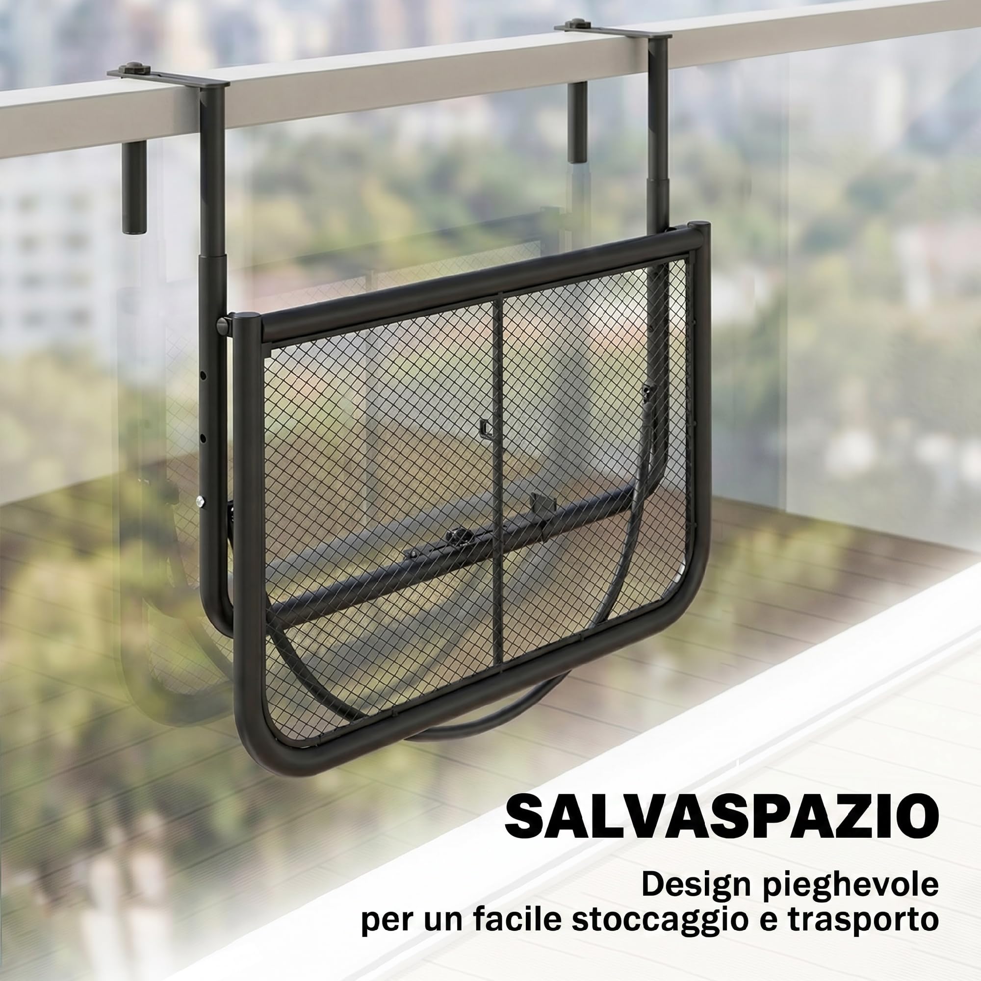 Outsunny Tavolino da Balcone Pieghevole in Metallo 3 Altezze Regolabili 60x56.5x45cm Nero