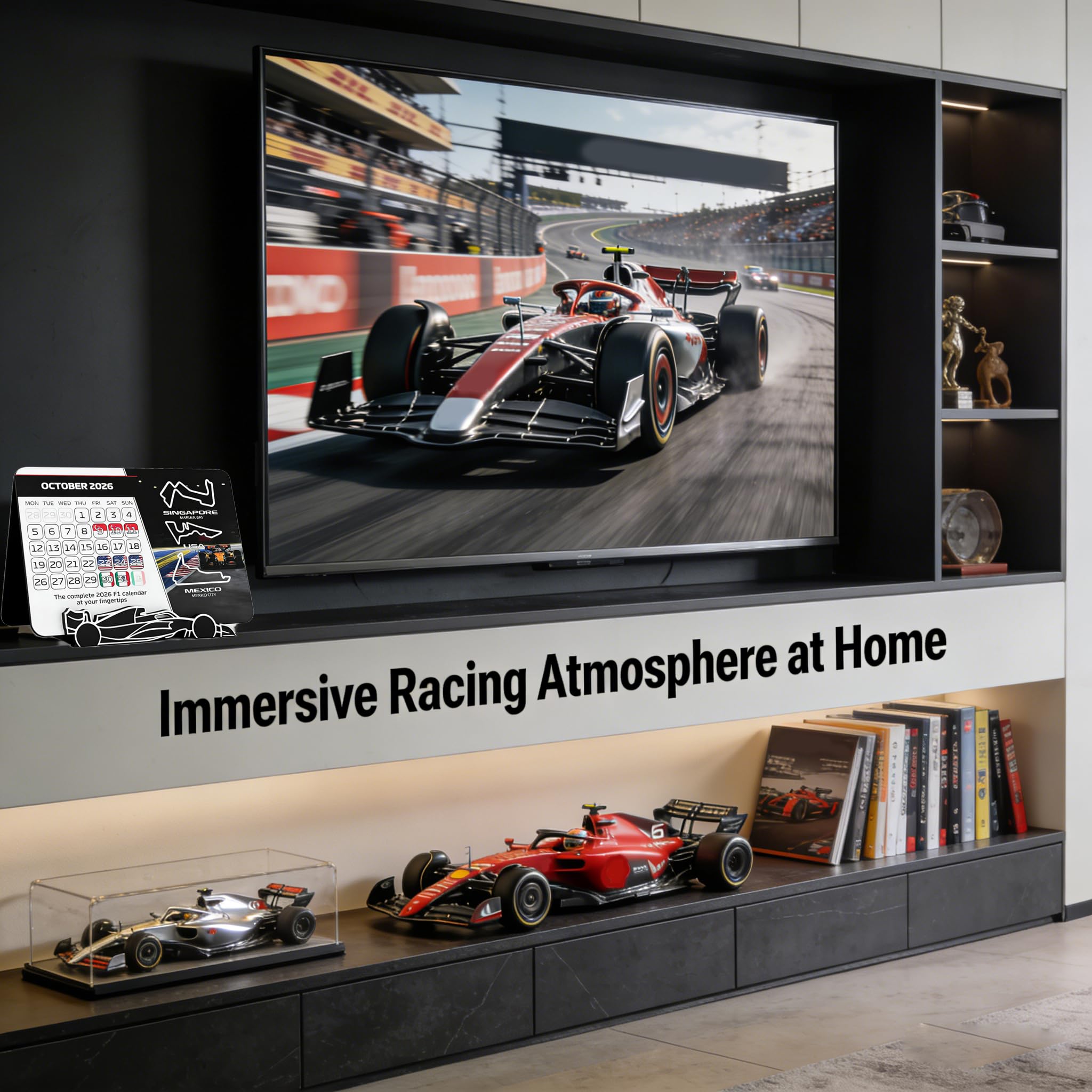 Calendrier de course F1 2026 - 18 x 14 cm - Grand calendrier de course pour le bureau avec calendrier complet - Calendrier de course 2026 avec support - Planificateur de course pour les fans de sport