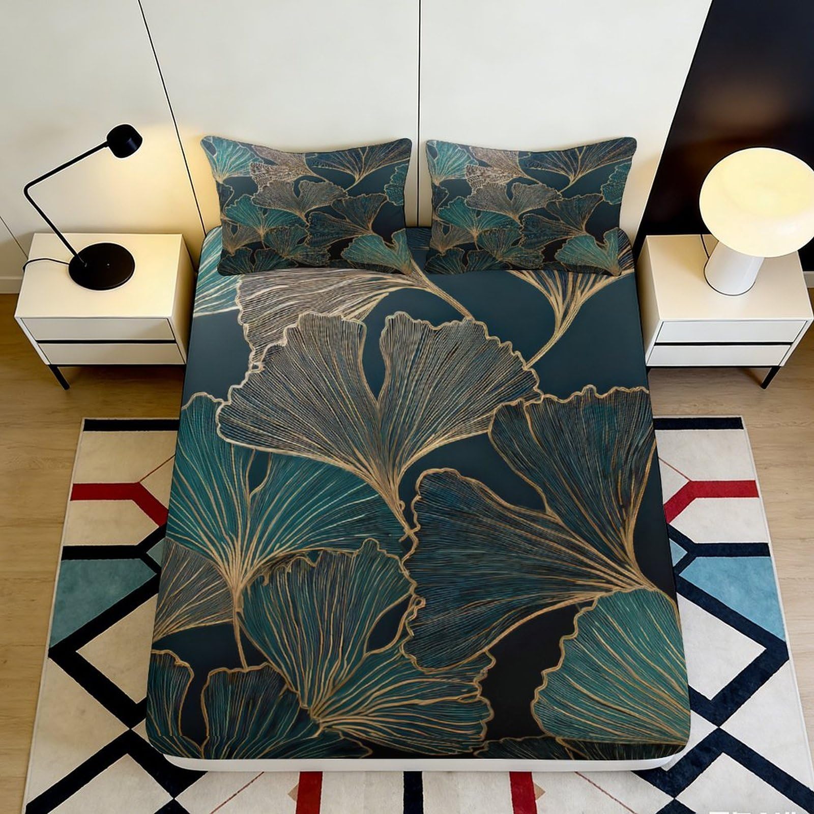 3D Printed Ginkgo Leaf Fitted Sheet Microfiber Elegant Botanical Blue Gold Bed Cover for Bedroom Guest Room 90x200x25cm