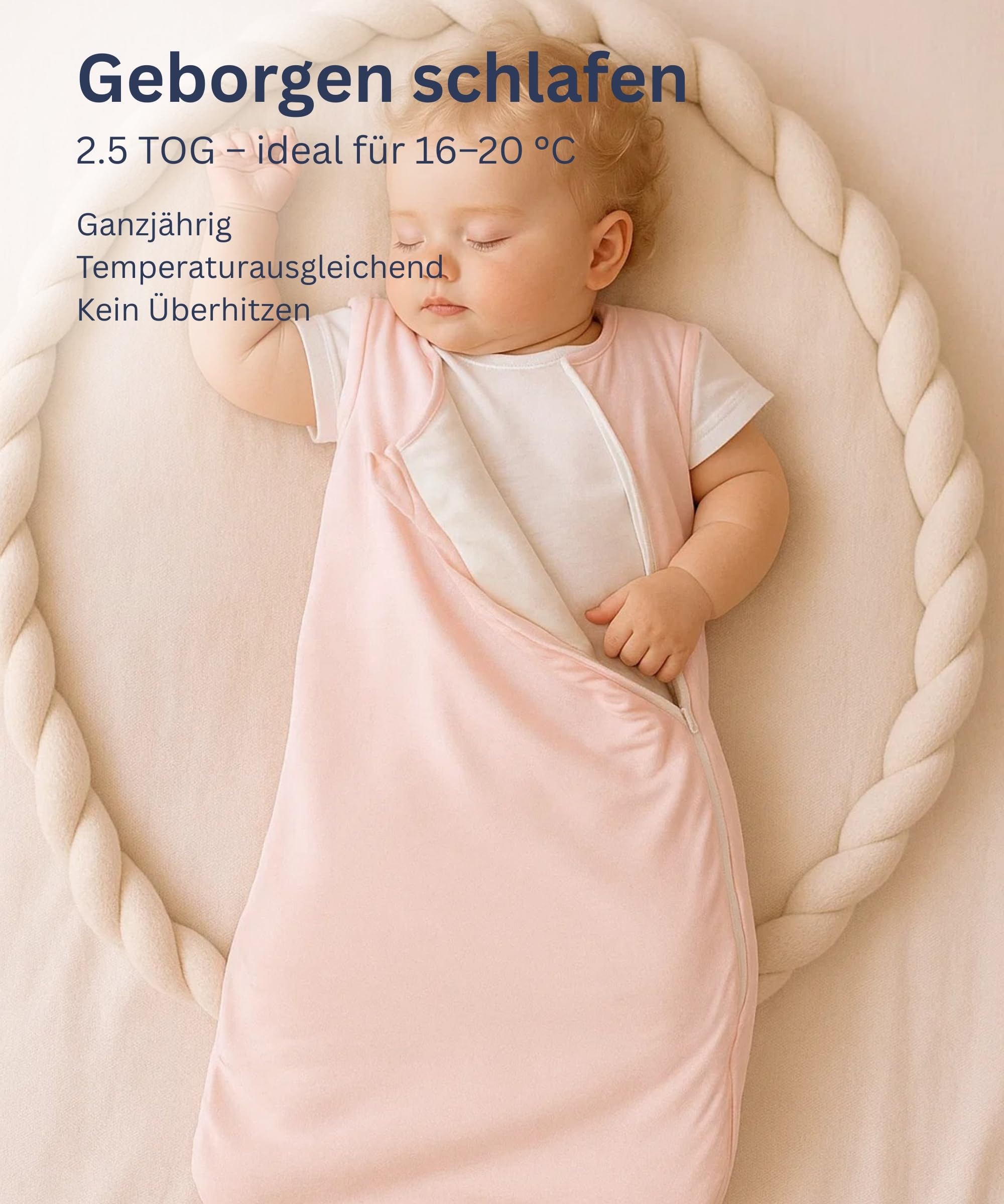 Babyschlafsack 70 cm (0–6 Monate) – Rosa – TOG 2.5 – mit abnehmbaren Ärmeln – Ganzjährig – LENZING™ Modal & weiche Bambusfasern – Oeko-TEX® Standard 100 – atmungsaktiv & temperaturausgleichend