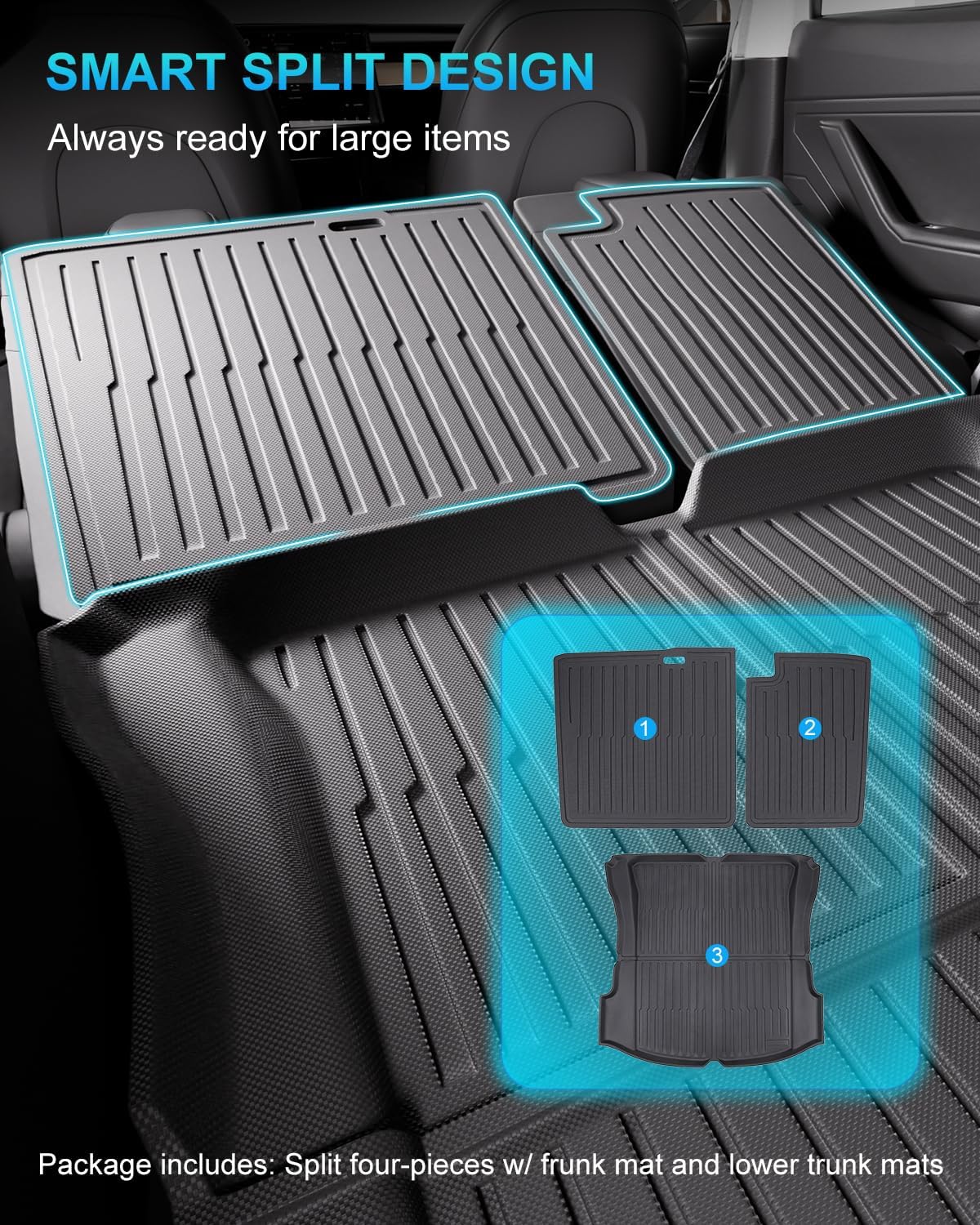 Cargo Mat Compatible with Tesla Model 3 2018-2023, Heavy-Duty TPE Trunk Liner Rear Seat Back Protector Model 3 Accessories Custom Fit Trunk Mat- 5PCS