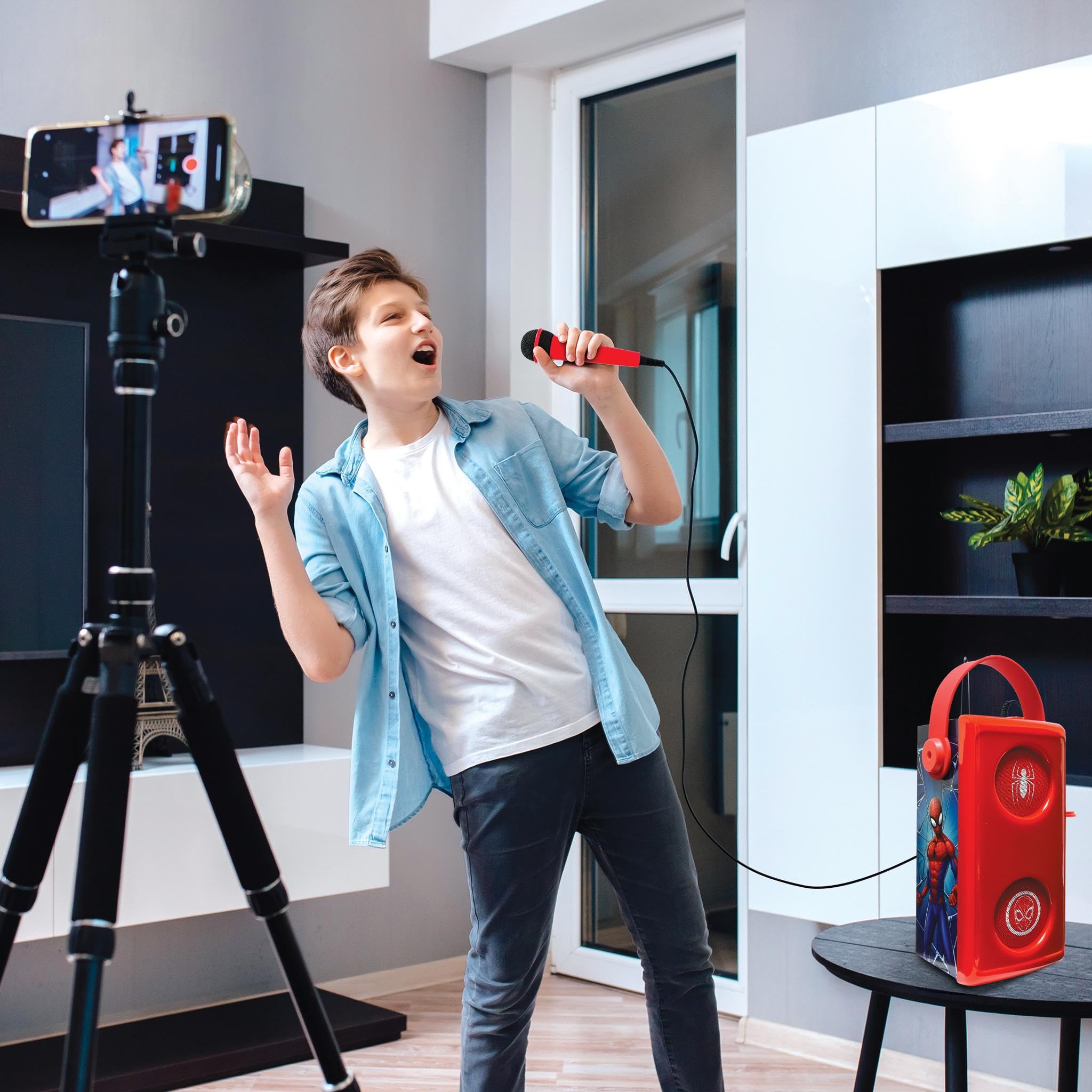 LEXIBOOK, Spider-Man, Altavoz Bluetooth con Mic Rojo, BTP185SPZLXB | Efectos de luz, ranura para tarjeta SD/TF, batería recargable