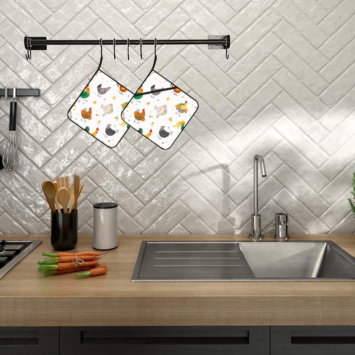 Cartoon Rooster Pot Holders Set of 2 Heat Resistant & Non Slip Potholders, Farm Chicken Oven Hot Pads for Kitchen Cooking Baking Barbecue - Image 5