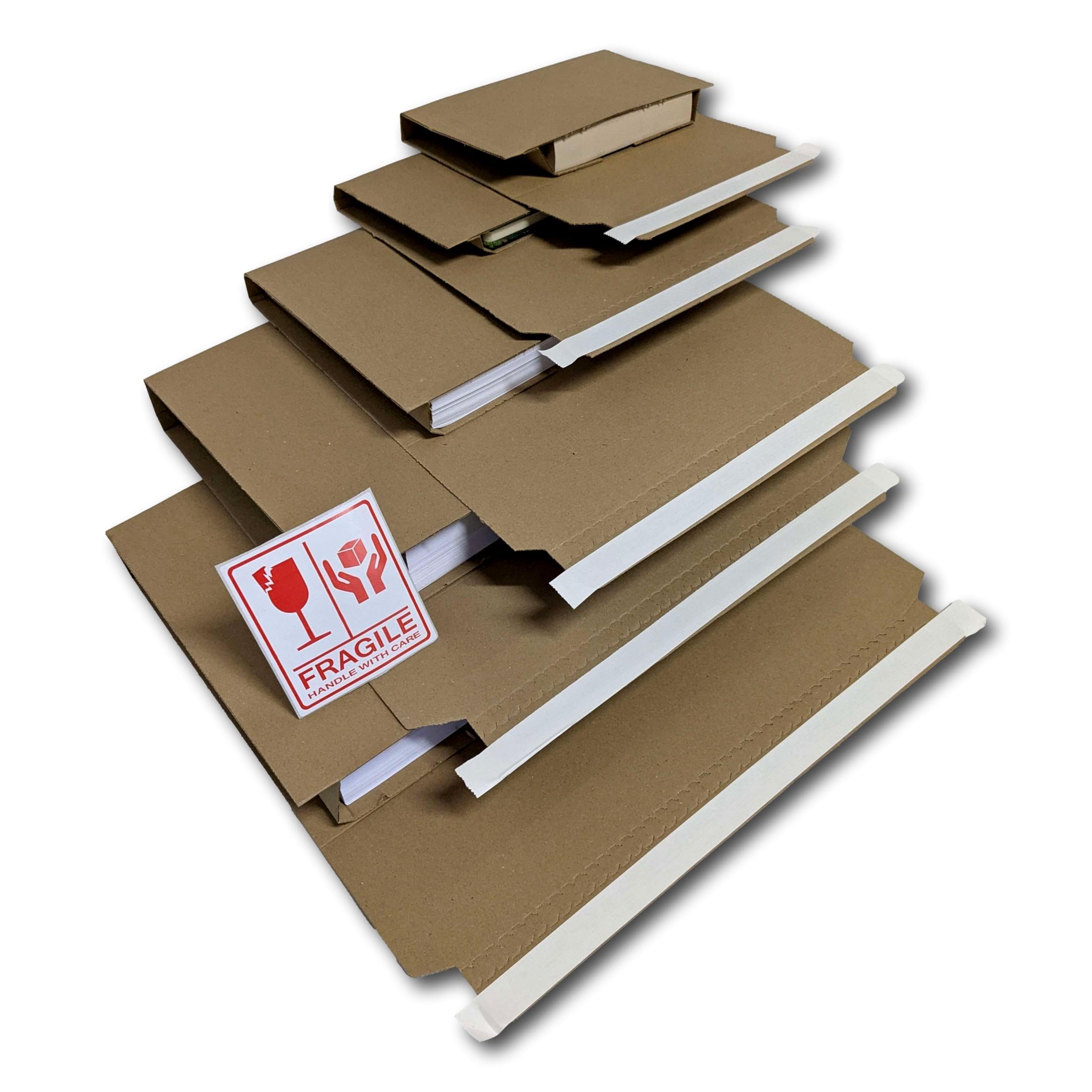EPOSGEAR 100 Pack Recycled Kraft Cardboard Book Wrap Mailers - Peel and Seal Sealing and Rip Strip Opening - Handle with Care Labels Included (248mm x 165mm x 70mm)