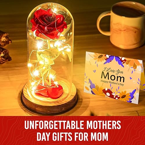 Regalos prémium para mamá de hija, hijo, niños, rosa en cúpula de cristal con temporizador de 6 horas, decoración de rosas de la Bella y la Bestia