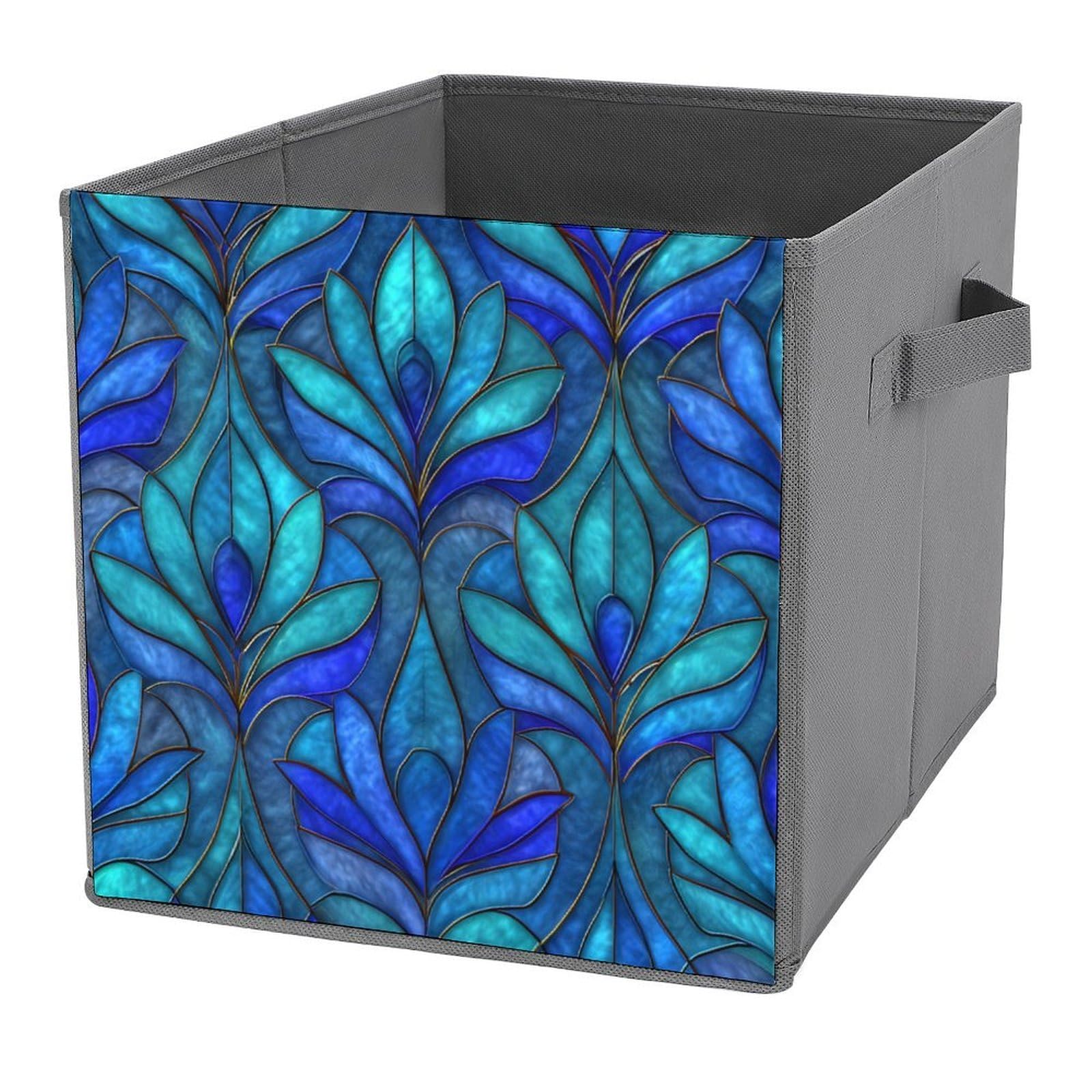 Jubonexis Blue Stained Glass Plants Cube Storage Bins Storage Cubes Foldable Decorative Fabric Storage Baskets Home Organizers with Handles for Shelves,Closet, 27x27 CM