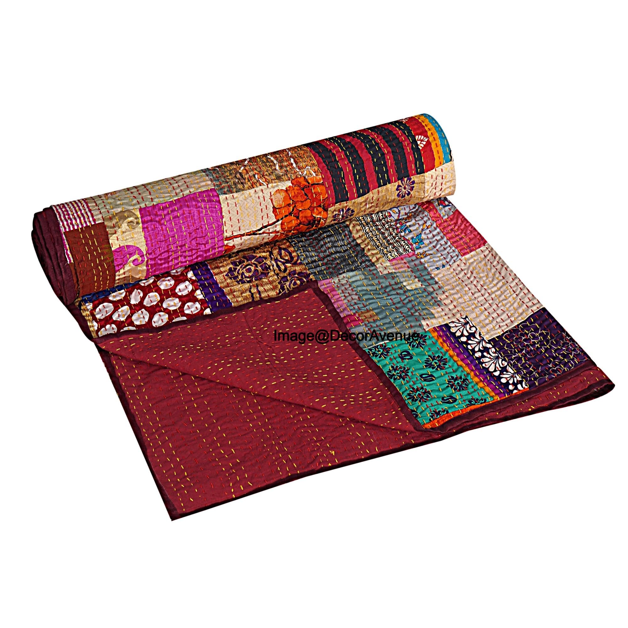 DecorAvenue Patchwork Kantha Quilt,Throw, Handmade Silk Bed Cover,Bedding Bedspread,Vintage Hand Stitch Gudri, Decorative Beach Blanket (Multi, Twin 60