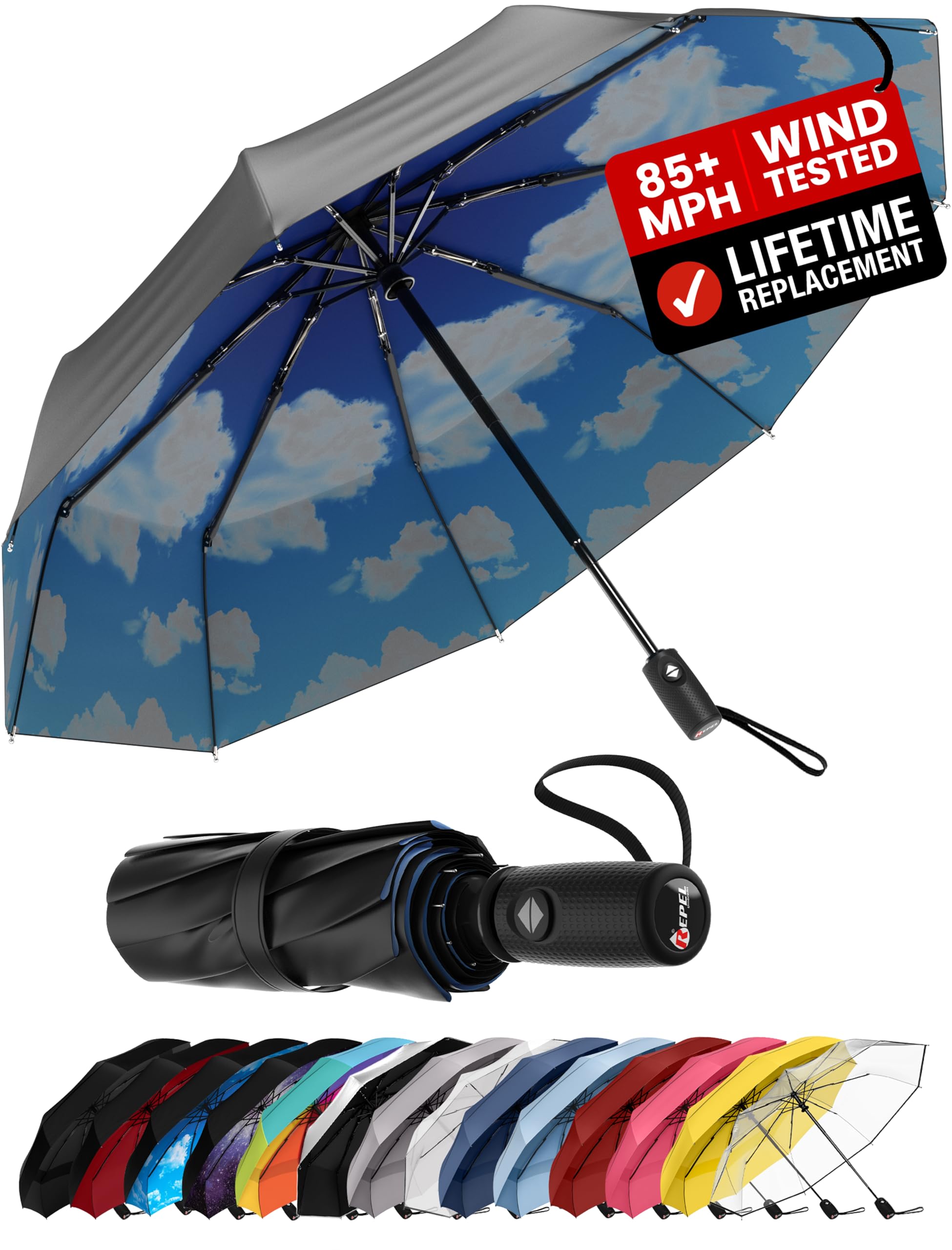 REPEL Windproof Travel Umbrella - Compact & Withstands Winds up to 85MPH , Strongest Premium Auto Folding Umbrella for Rain and Sun - Durable, Light & Portable for Women & Men , Fits Backpack & Cars