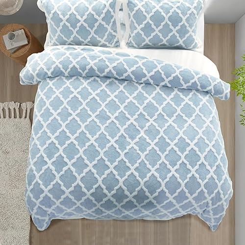 Miniatura 2 de Juego de funda de edredón de forro polar tamaño King, juego de funda de edredón azul, 100% lana de cordero lavada, incluye 1 funda de edredón y 2