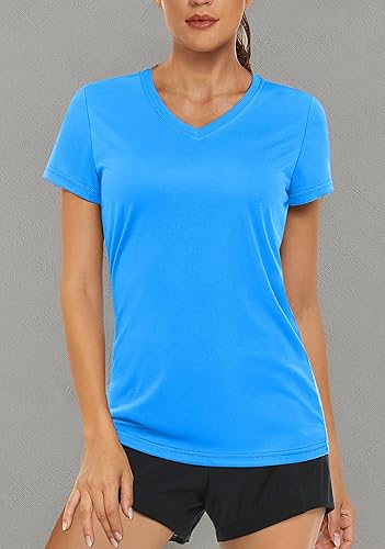 Miniatura 8 de MAGCOMSEN Camisetas de mujer con cuello en V, manga corta, UPF 50+, protección solar, secado rápido, camisetas atléticas