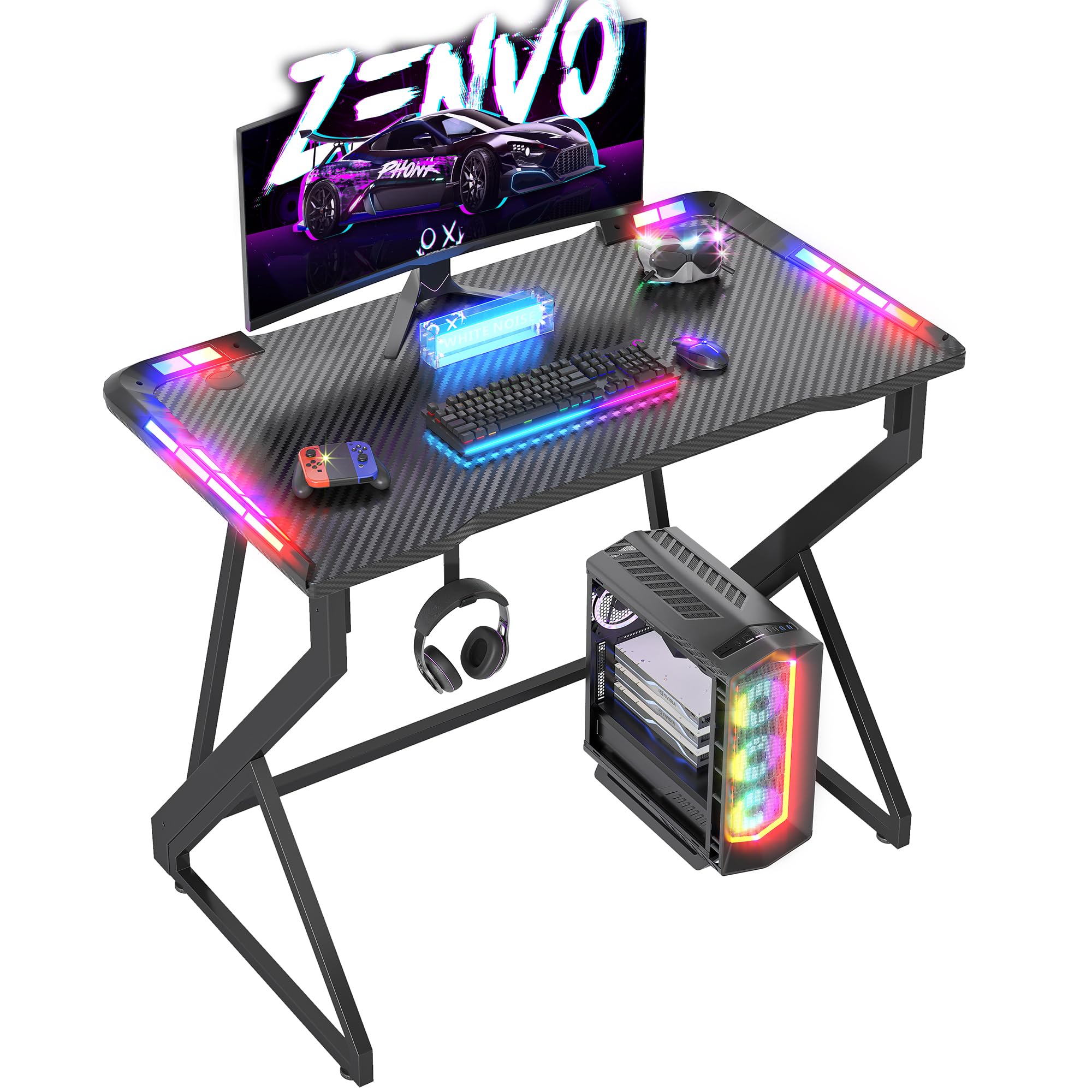 BEXEVUE Gaming Desk with LED Armor, 80x50 cm RGB Computer Desk with Carbon Fiber and Z Frame Design Gaming PC Desk with Head Phone Hook for E-sport Gamer Table, Easy Assemble Home Office desk, Black