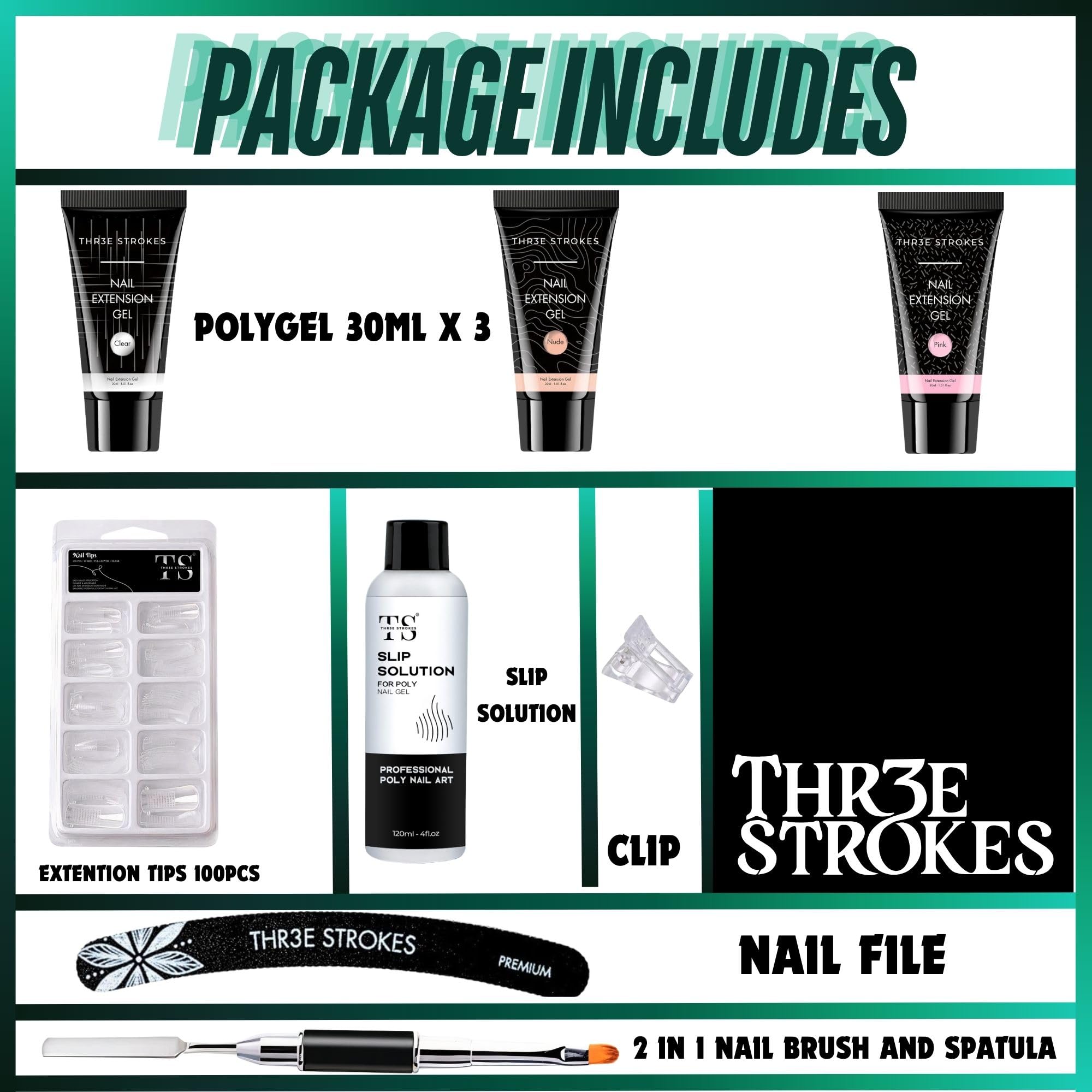 THR3E STROKES Poly Extension Gel Nail Kit, Clear Nude Pink Builder Nail Gel Kit With Slip Solution Dual Nail forms, Nail Clips for Poly Gel, Nail Starter Kit, Home Manicure Set (EMERALD KIT)
