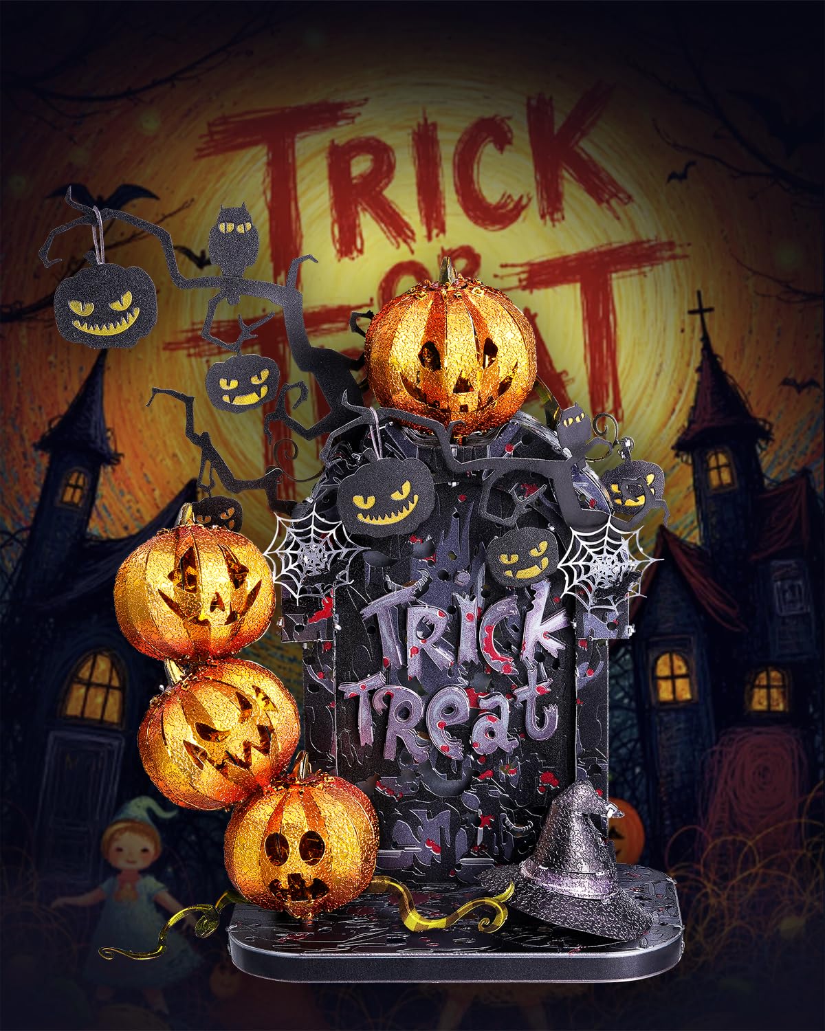 Piececool Metalowe puzzle 3D, na Halloween, nagrobek z latarnią dyniową, puzzle 3D, dekoracja domu, prezent dla przyjaciół / rodziny, gra w noc