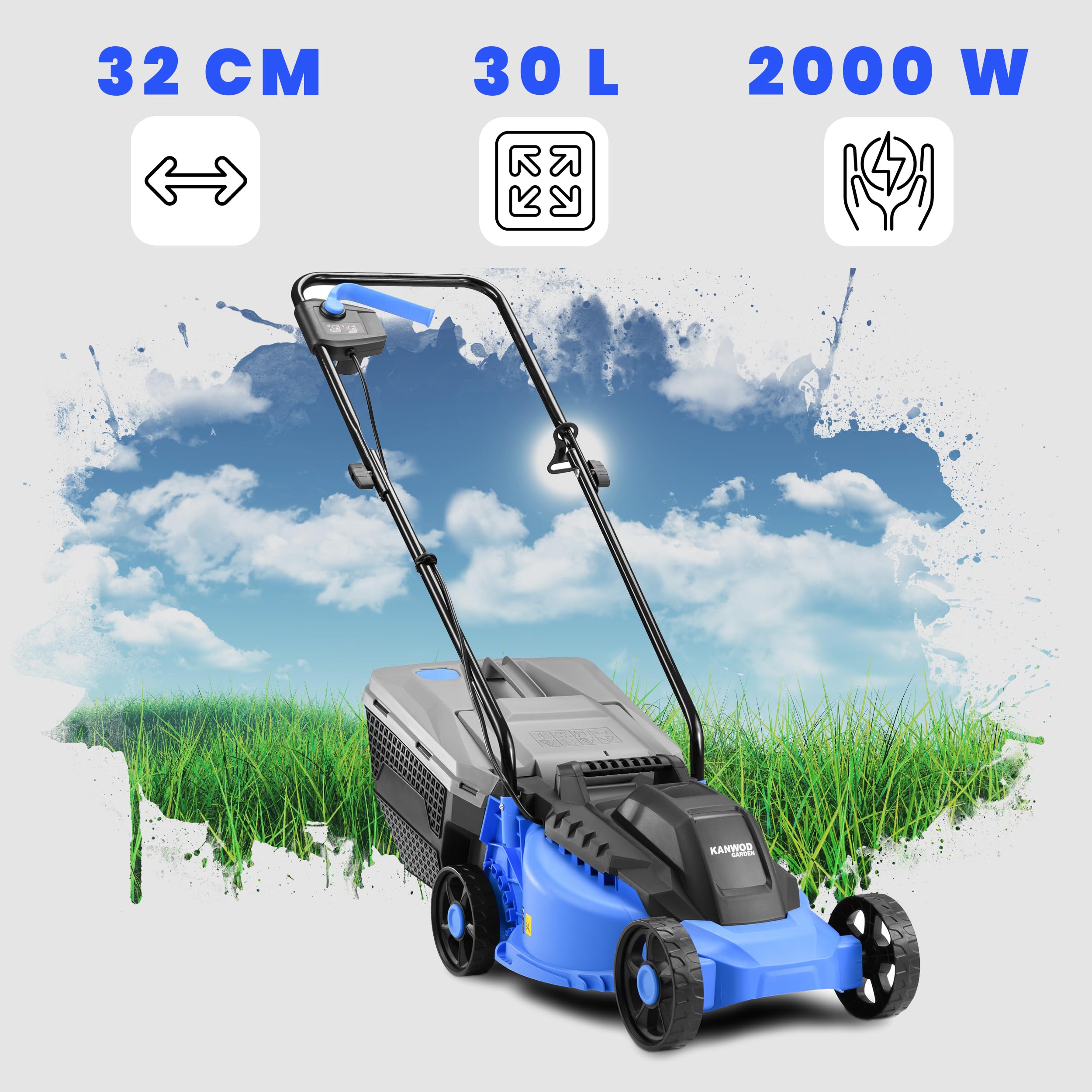 KANWOD Tondeuse à Gazon électrique 1200 W, Largeur de Coupe 34 cm, Bac Ramassage 30 L, Hauteur de Coupe Réglable sur 3 Niveaux de 30 à 70 mm, Idéal pour pelouse jusqu'à 500 m², Gris/Bleu
