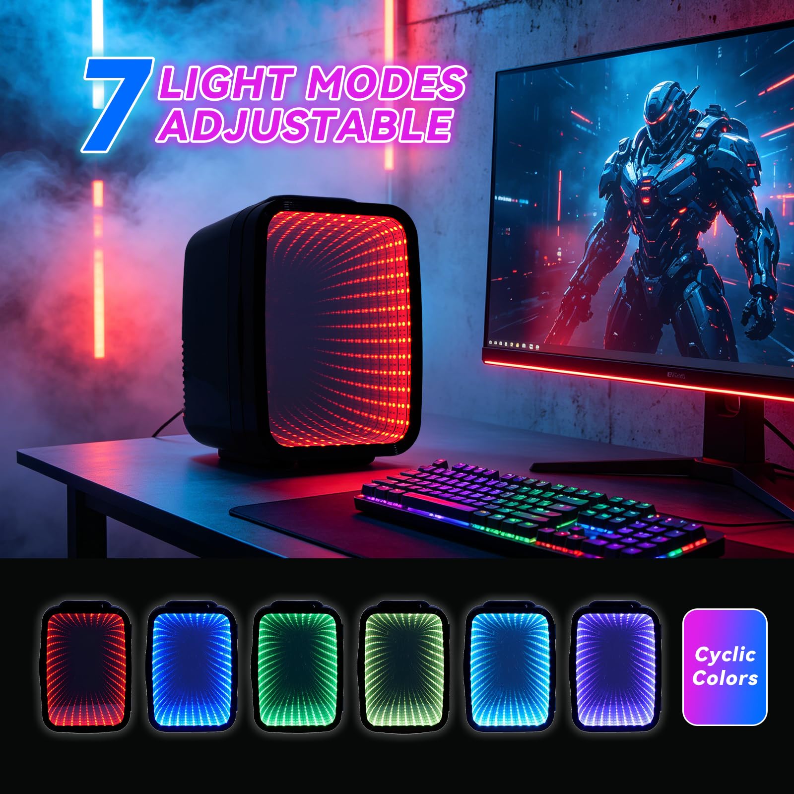 Enventor Mini lodówka 4 l / 6 puszek, przenośna lodówka i pojemnik utrzymujący ciepło, mała lodówka, AC + 12 V DC, RGB Infinity, 6 trybów ściemniania, do sypialni, pokoju gier, biura, samochodu
