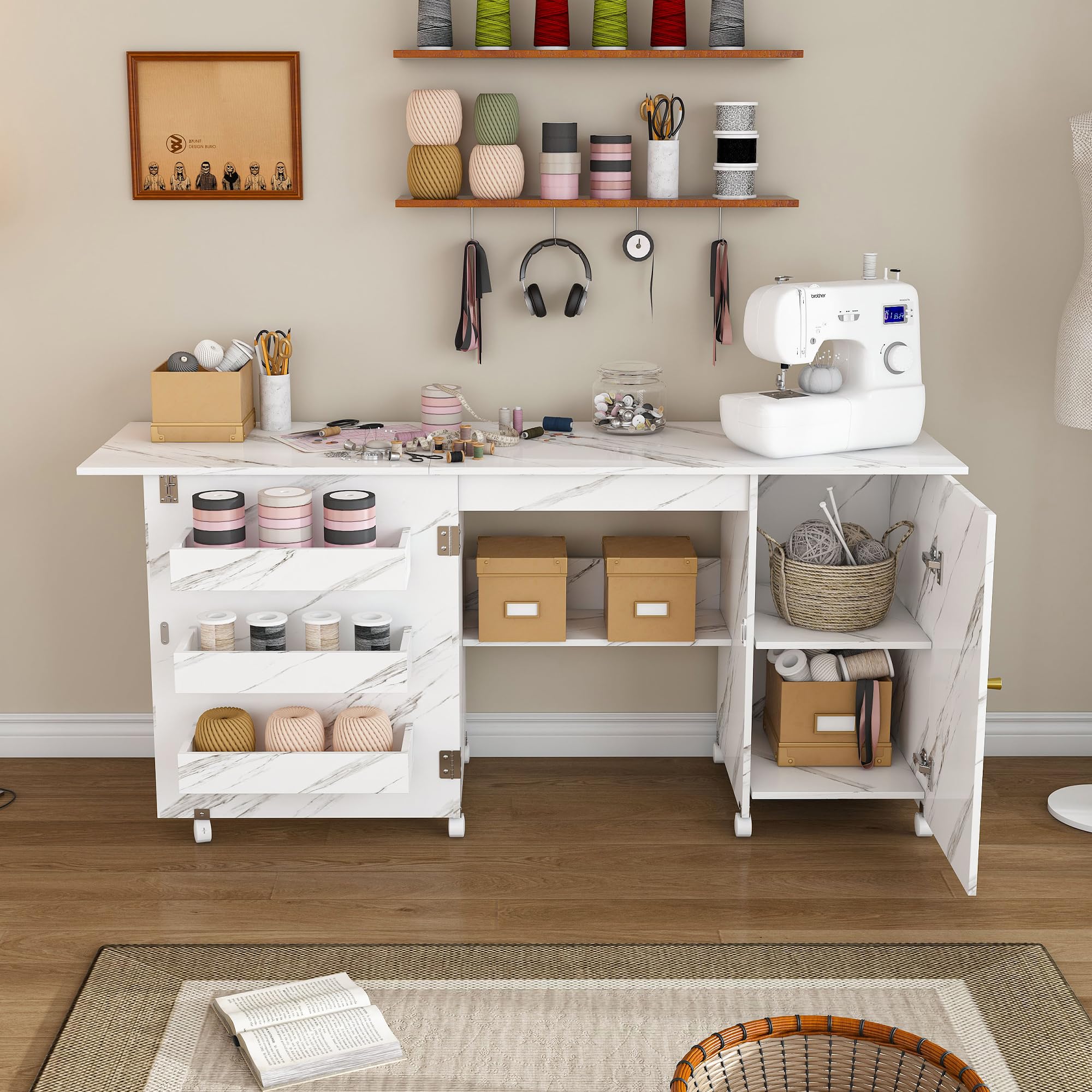 HRVEOCEI 57.5" Foldable Sewing Machine Table with Locking Wheels, Multi-Storage Craft Station with Shelves, Bins &amp; Cabinet, Adjustable Compact Sewing Cabinet for Home, Bedroom, and Craft Room