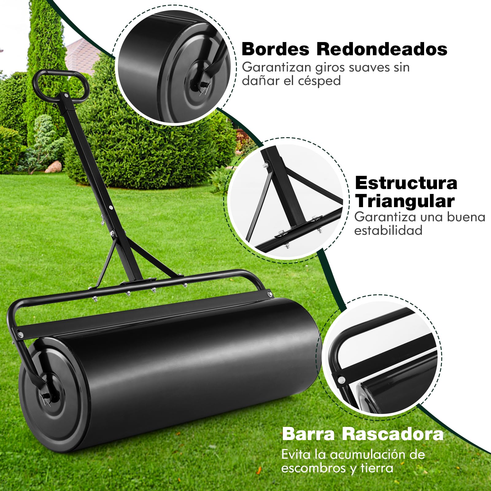 COSTWAY 113L Rodillo de Césped Metálico, Rodillo de Césped para Empujar o Tirar Llenado de Agua o Arena con Mango Desmontable para Jardín, Patio, Parque, Granja (Negro, 146x99x40cm)