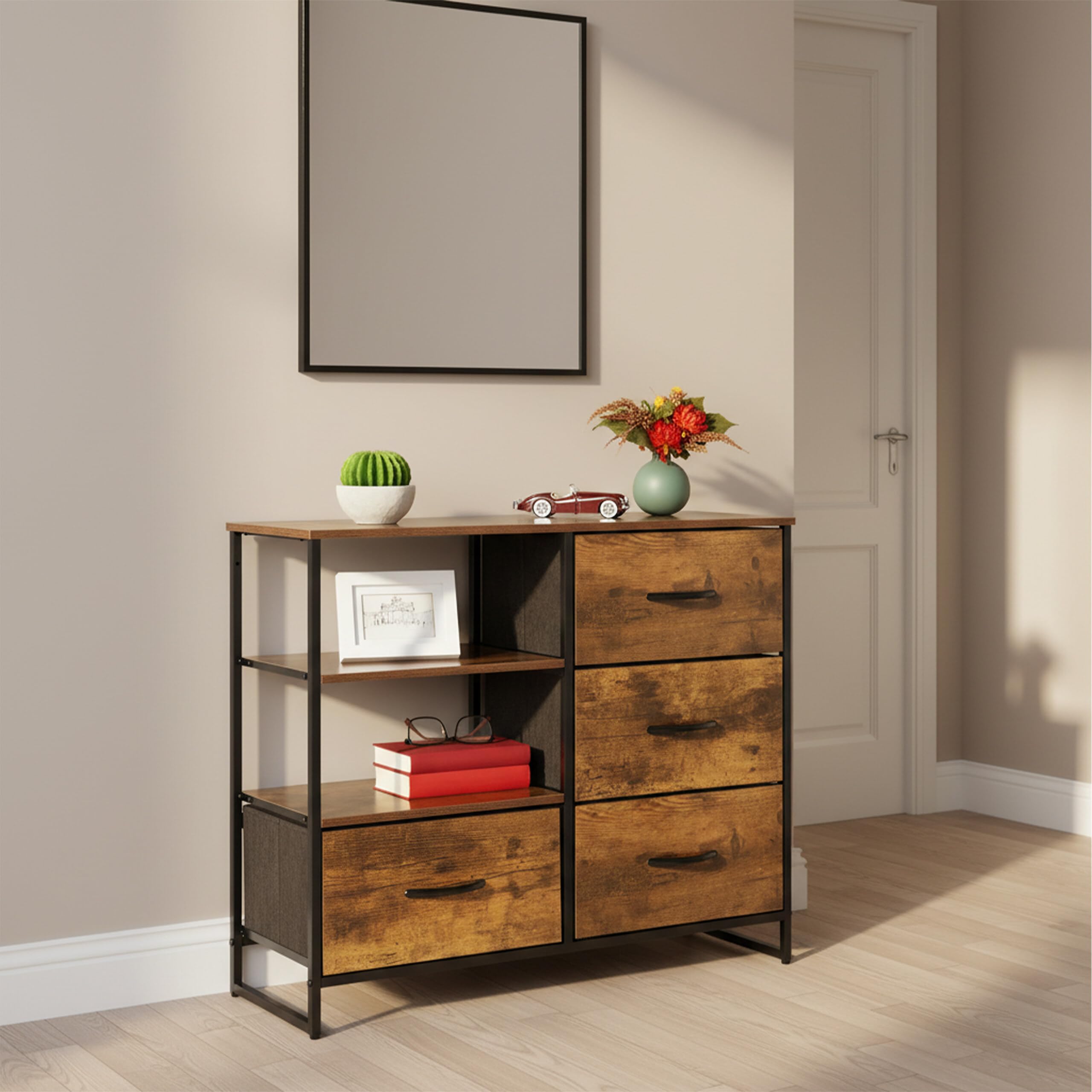 Relaxdays Commode de Style Industriel, HLP 71,5 x 84 x 32,5 cm, métal, Aspect Bois, avec 4 tiroirs, Buffet, Marron/Noir