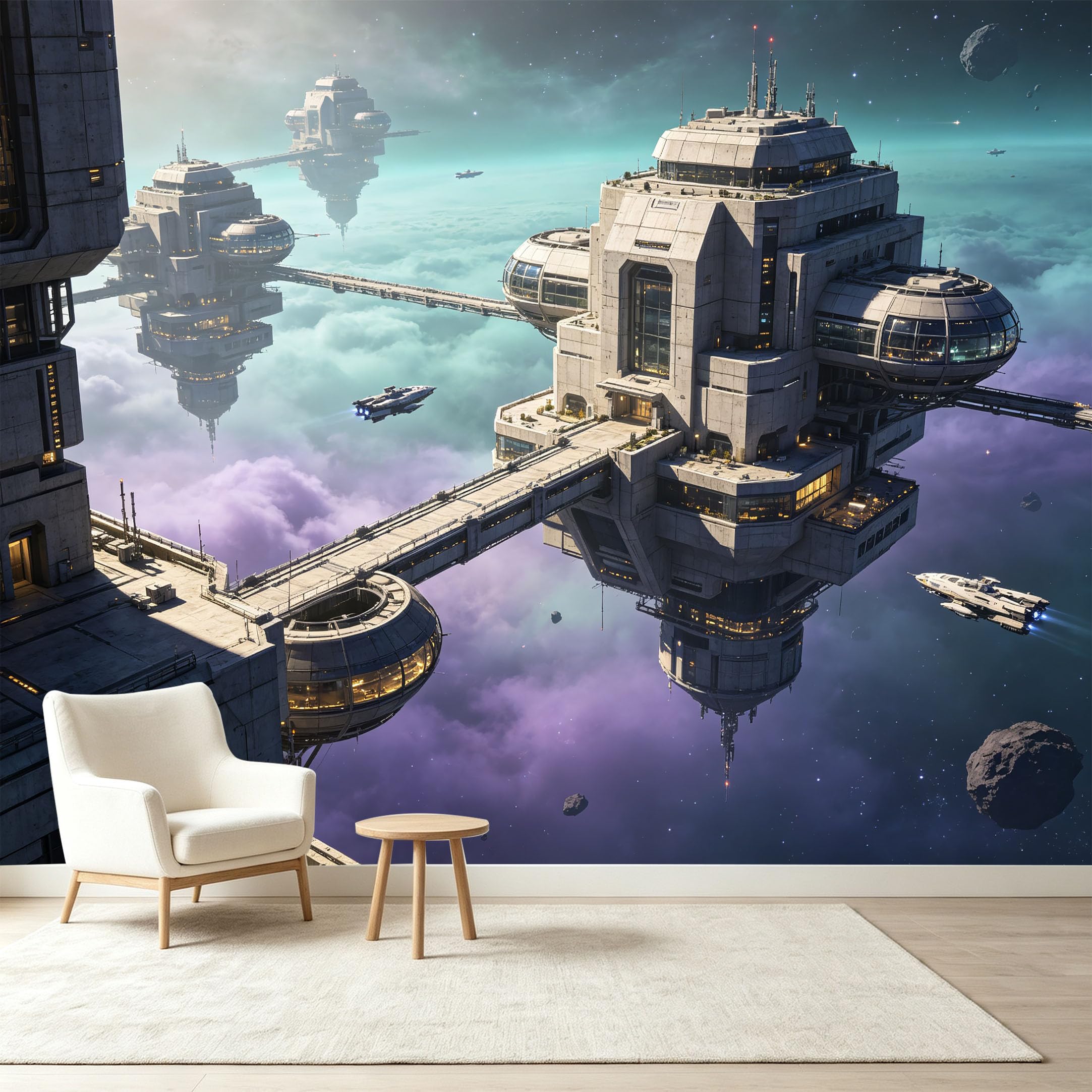 Custom Size Wall Murals Futuristic Space Station Galaxy Nebula 3D Trompe L'Oeil Self-Adhesive Wall Fabric Removable Wallpaper Wall Decor for Living Room Bedroom Bathroom