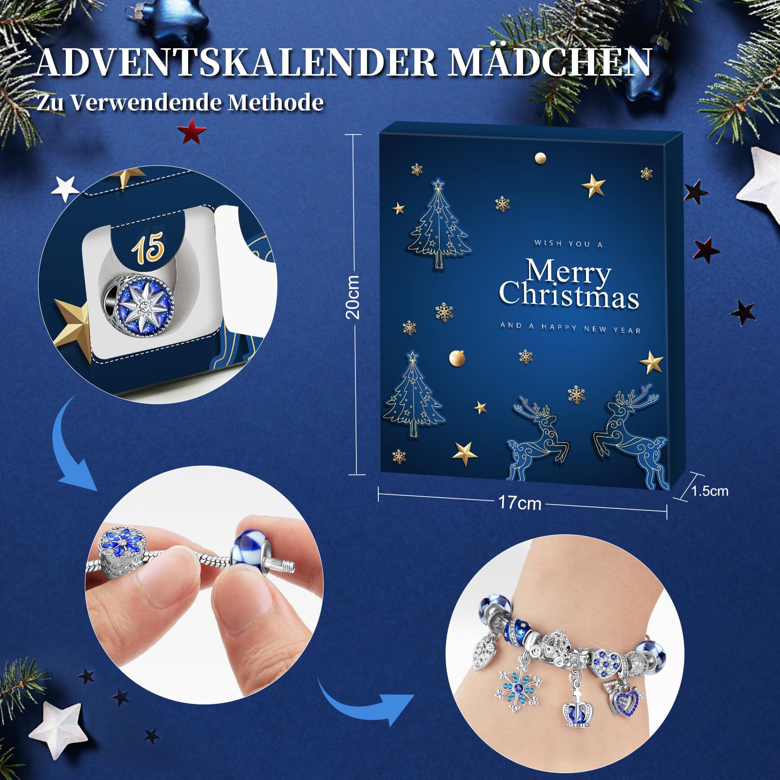 KAZATE Calendario dell'Avvento 2024 Donna Gioielli Bracciale,Calendario Avvento Ragazza Sorprese Regali,Bambina Natalizi Ciondoli Kit 2 Catene 22 Charms Accessori fai da te Perline Blue