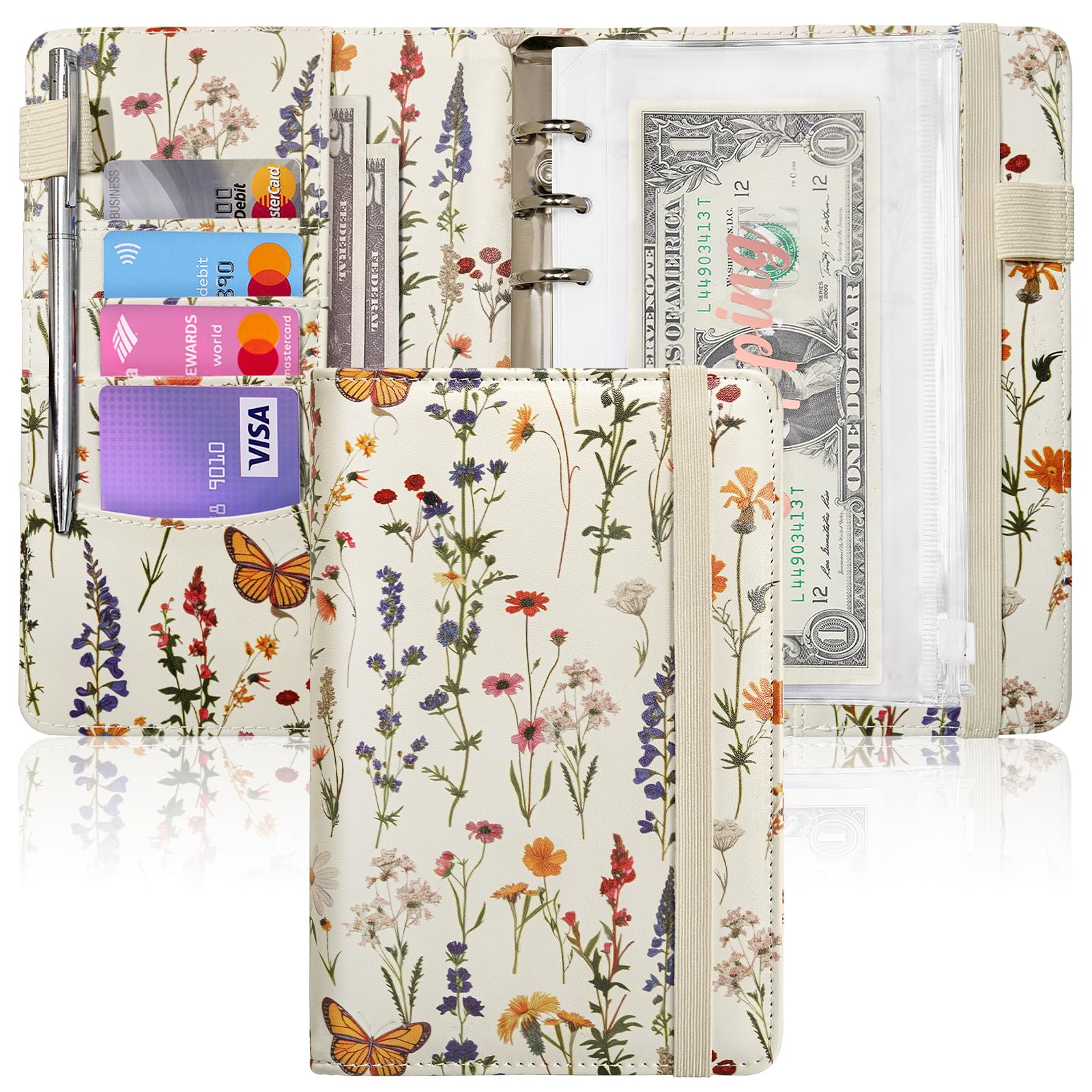 A6 Budget Binder for Money Saving, PU Leather Budget Planner with 8 Cash Envelopes, Budget Sheets &amp; Rose Gold Category Stickers, Money Organizer for Cash (Vintage Floral White)