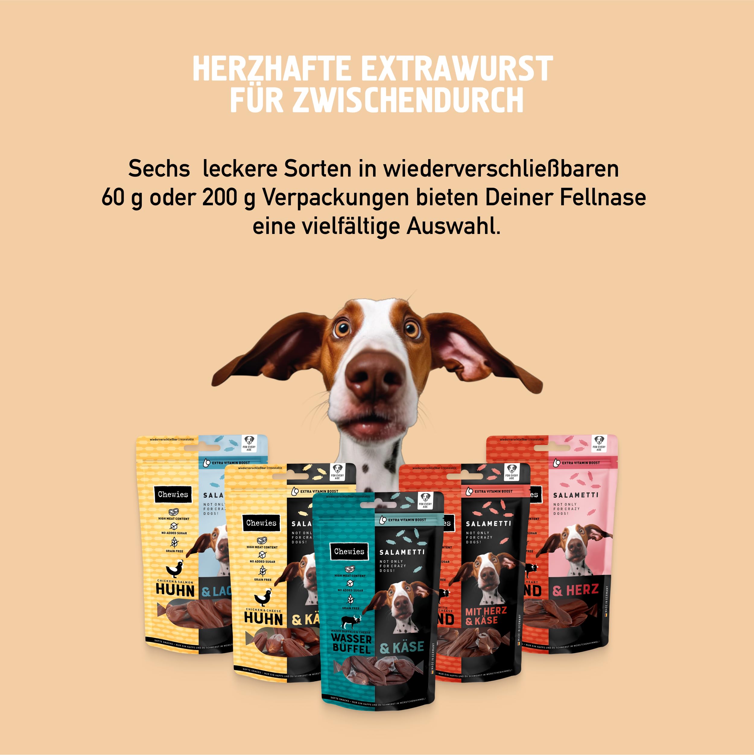 Chewies SALAMETTI Rind & Rentier- Hundeleckerli getreidefrei, mit Protein, ohne Zucker & schonend luftgetrocknet, reich an Vitaminen & Mineralstoffen (8 x 200g)