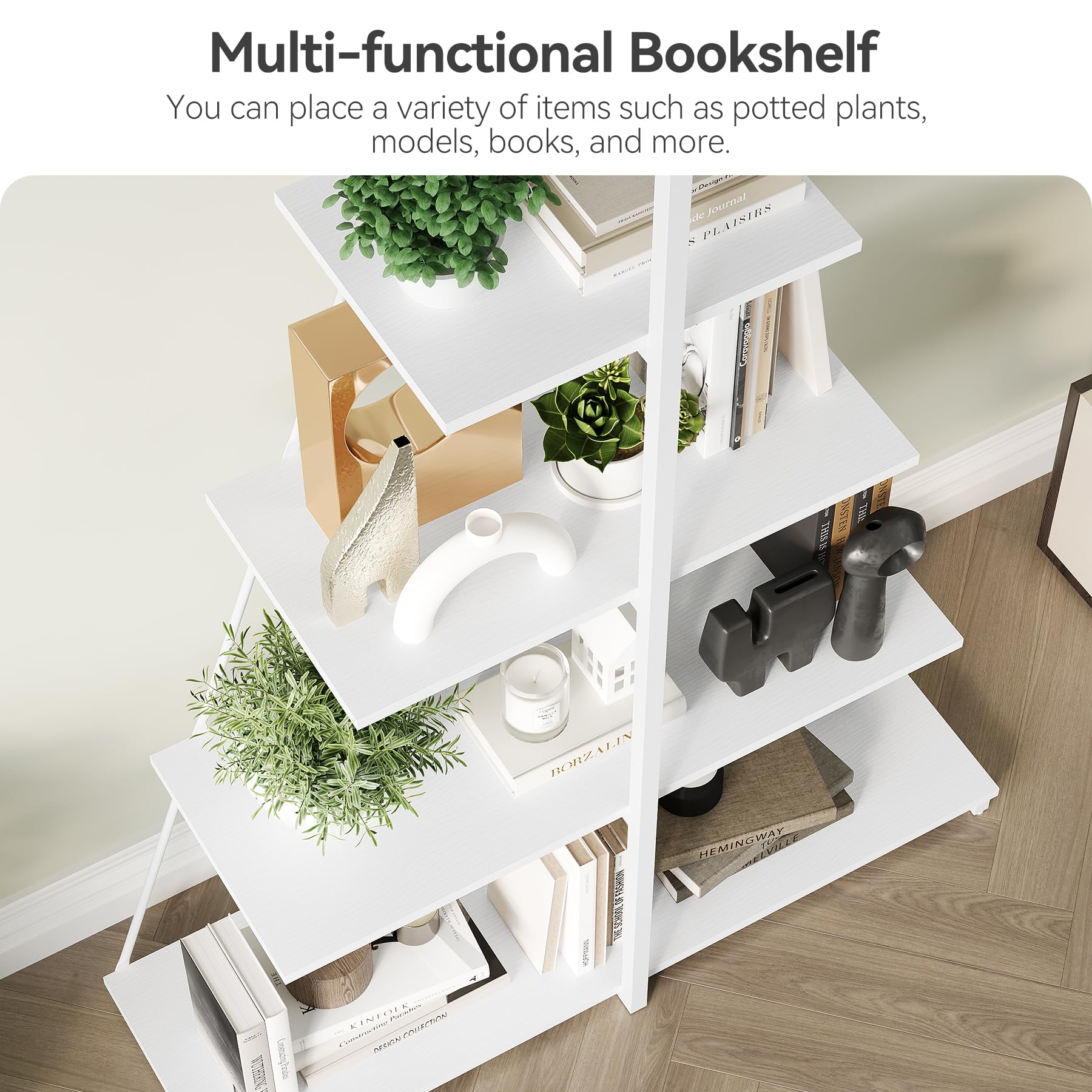 IDEALHOUSE Scaffale a scala salvaspazio a 4 ripiani, con telaio ad A, scaffale angolare sottile con ripiani in legno per libri, piante e decorazioni, per casa e soggiorno, bianco ferro +