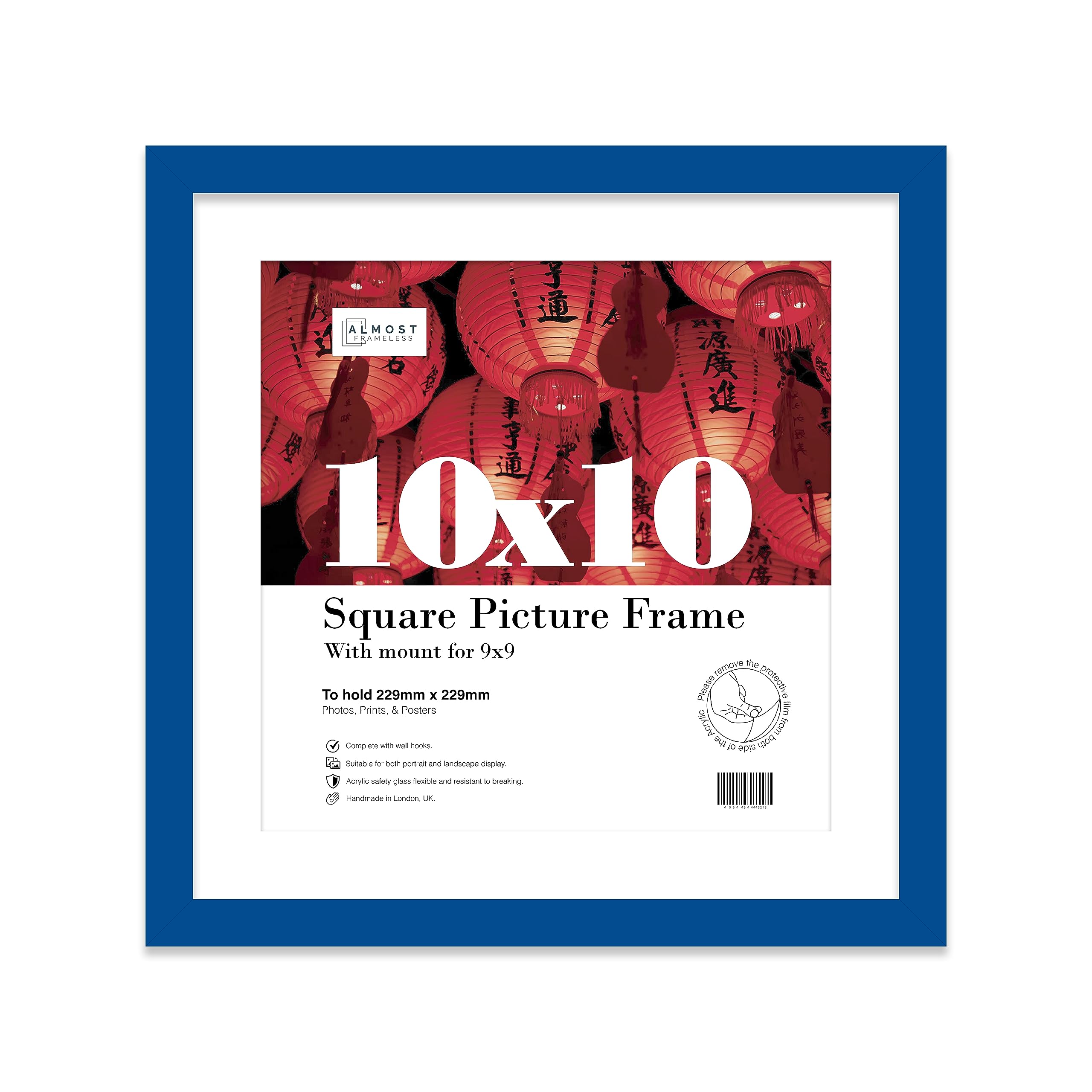 Almost Frameless 10x10 Picture Frame, Display Pictures 9x9 With Mat or 10x10 Without Mat, Wall Hanging & Free Standing Photo Frame, Blue, 1 Pack