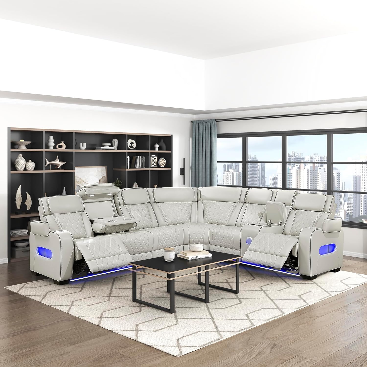 Lexicon 128" Power Reclining Sectional Sofa, Wall Hugger, 2 Storage Arms, Right Console Cup Holders, Power Headrests, Wireless Charger, Charging Ports, Speakers, LED Lighting, Faux Leather Taupe