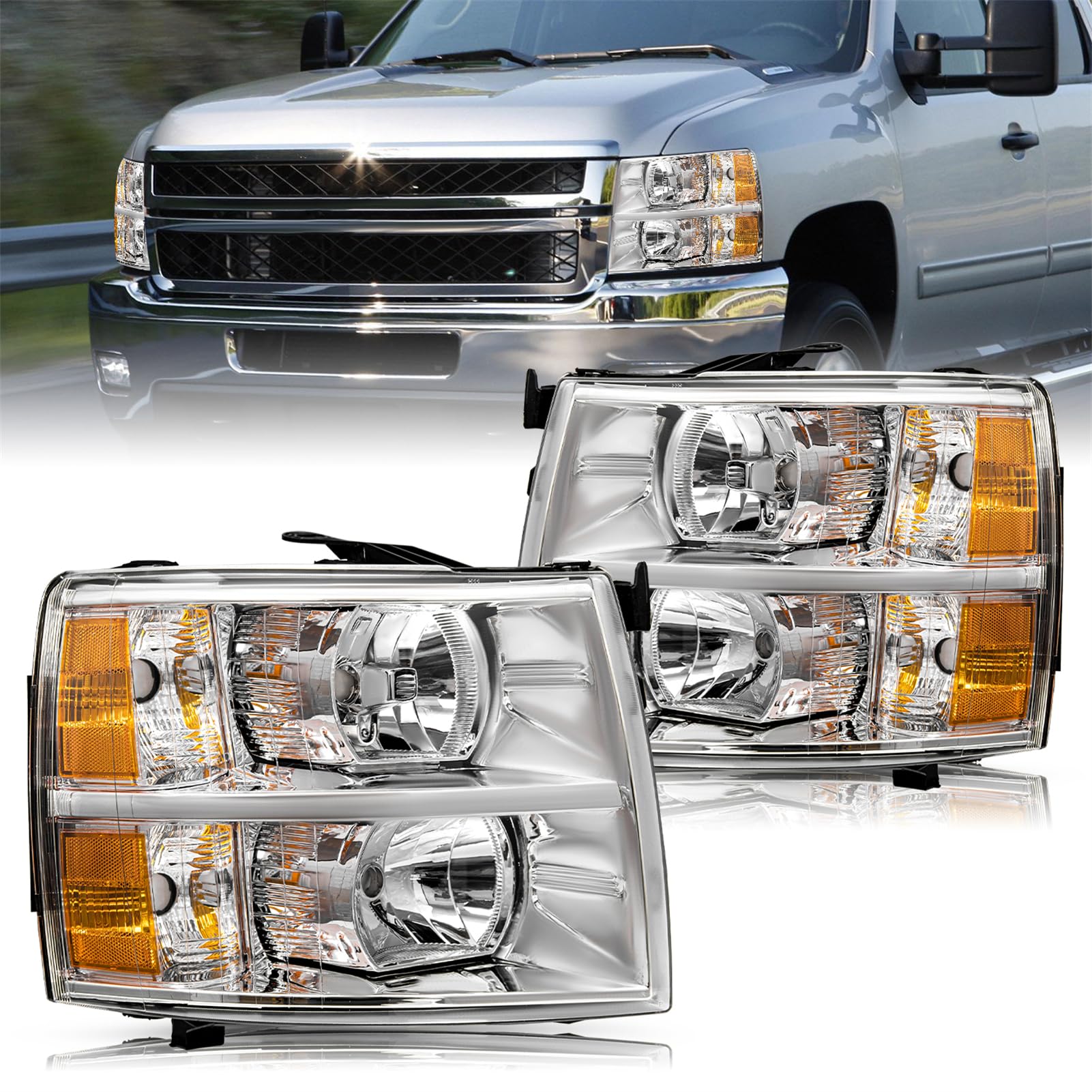 JSBOYAT Headlight Assembly Fits for 2007-2013 Chevy Silverado 1500/07-14 Silverado 2500 3500 HD Halogen OE Style Factory Headlamp Replacement Pair Set Chrome Housing Amber Reflector