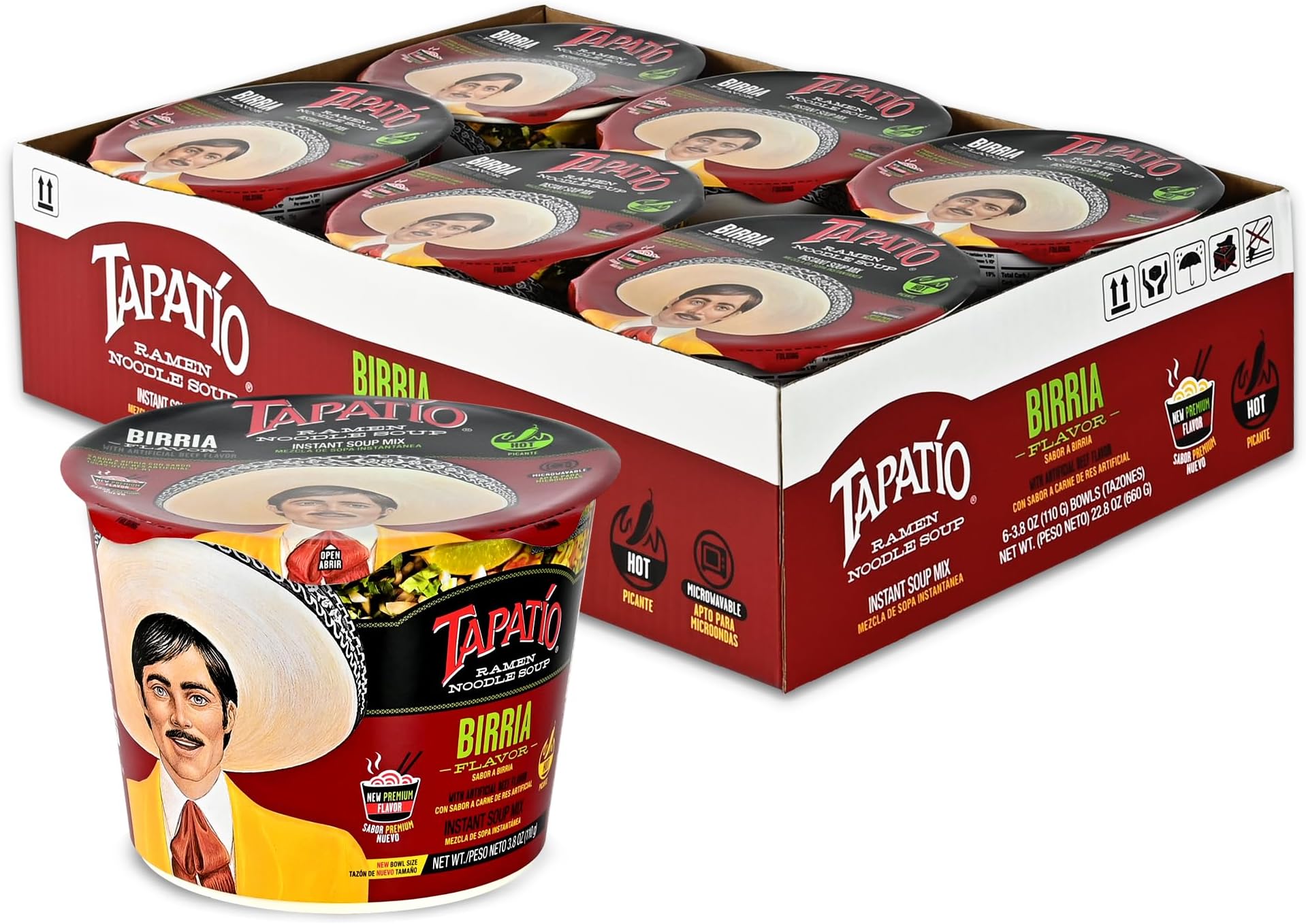 Tapatío Ramen Noodle Soup, Birria Flavored - Microwaveable Big Bowl, 3.88 oz. (110g), 6-Pack