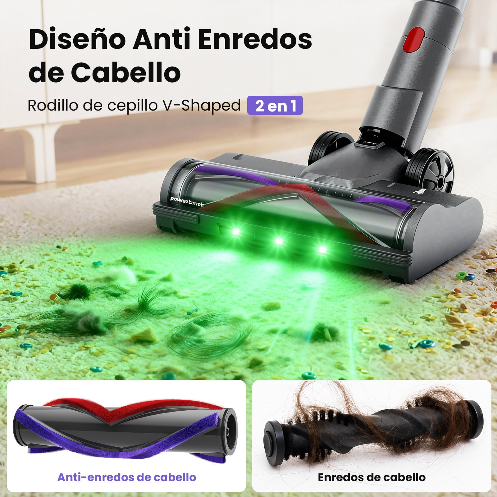 Aspiradora Sin Cable 58kPa/600W/75Min, Escoba Aspiradora sin Cable con Brazo Flexible, Manguera de 1m, Aspiradora Antiácaros para Colchones, Ideal para Suelos, Alfombras y Pelo de Mascotas