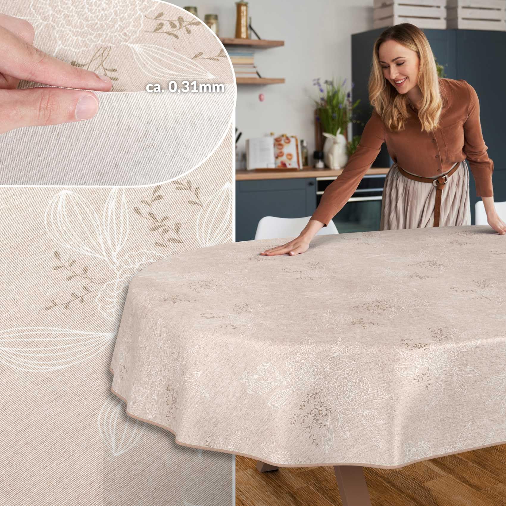 ANRO Tischdecke abwaschbar Japondi Beige mit Saum oval 220x140 cm