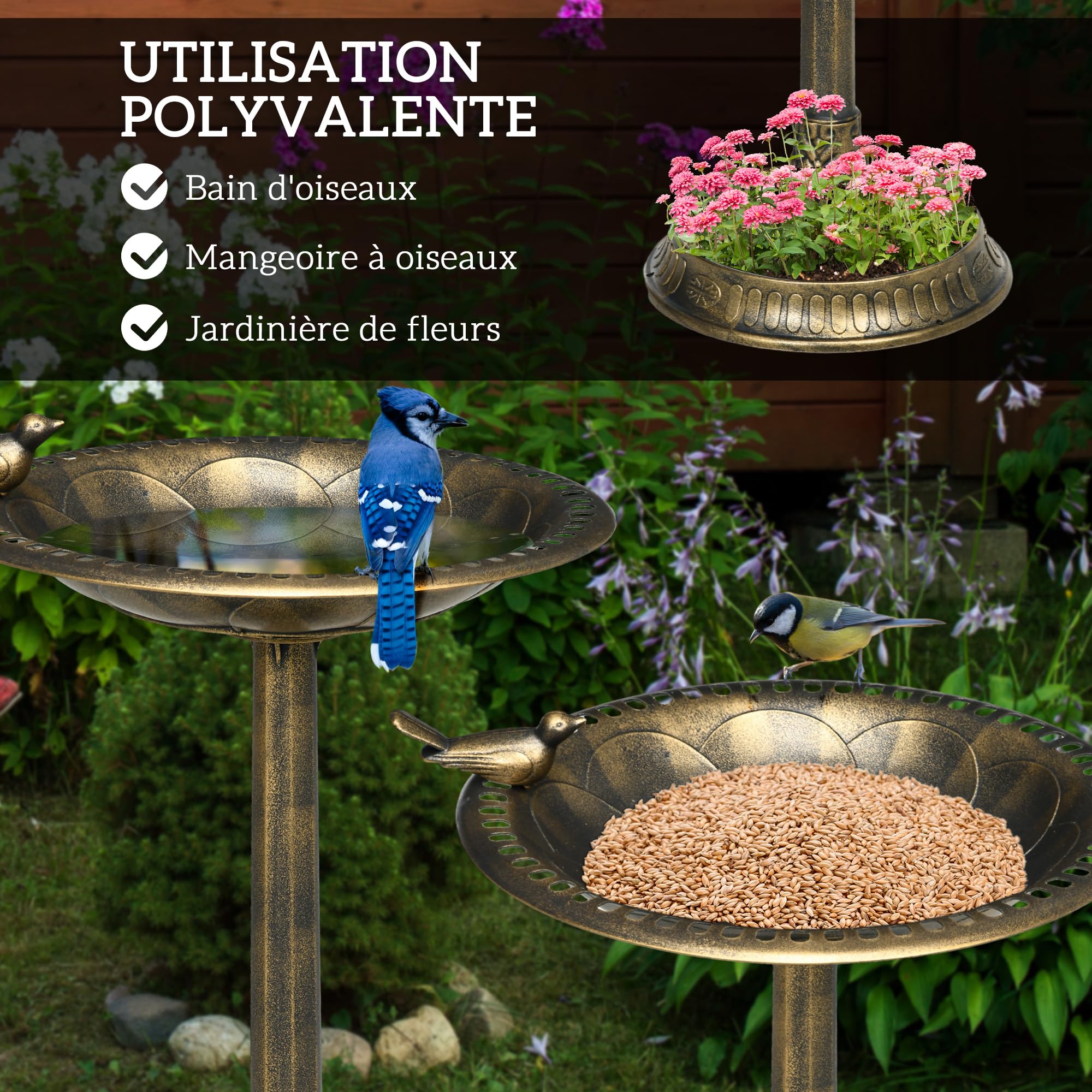 Outsunny Bain d'oiseaux Abreuvoir, mangeoire pour Oiseaux jardinière 2 en 1 dim. Ø 50 x 72H cm polypropylène Bronze Antique