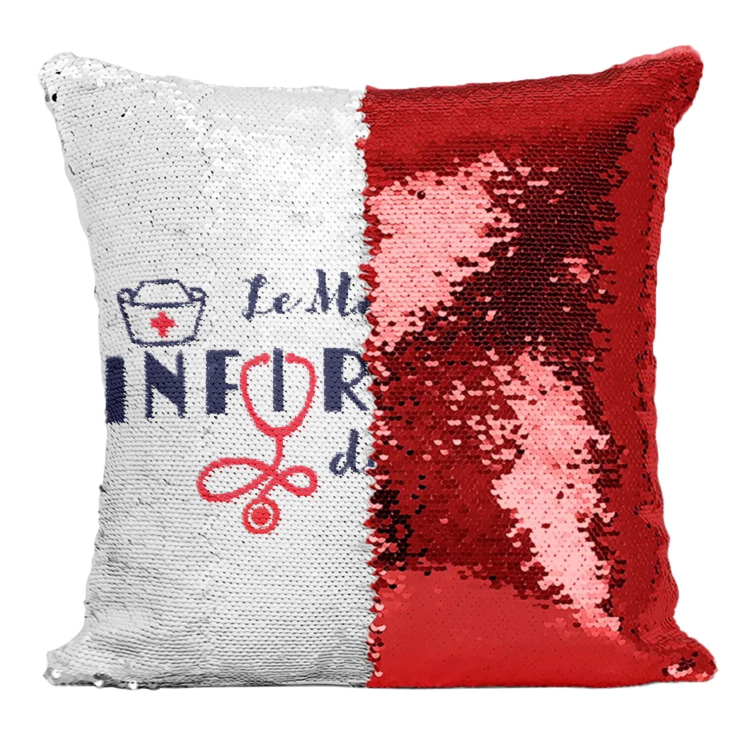 Coussin Sequin Rouge à Paillettes Réversibles Message Magique Infirmier