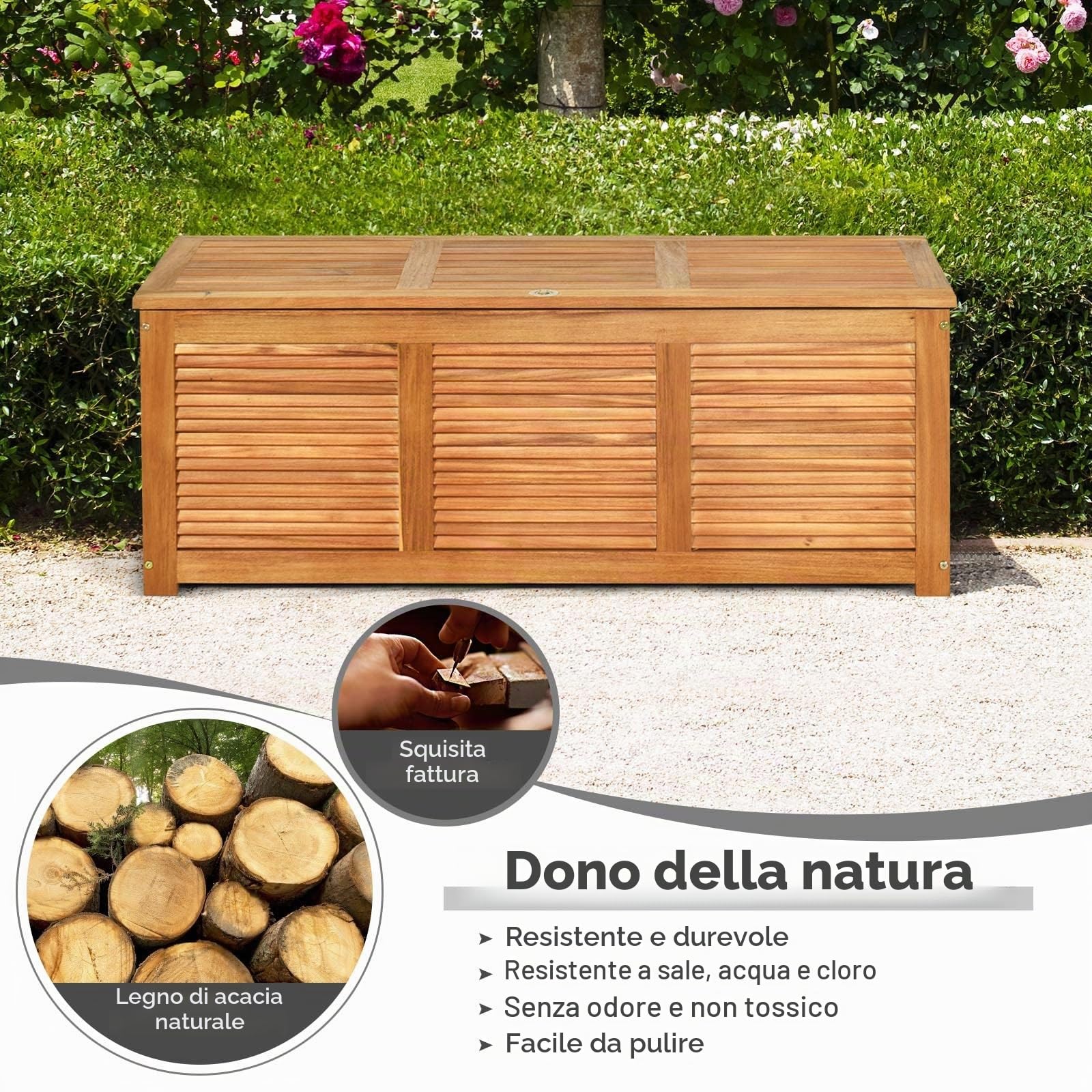 GIANTEX Armadio da Esterno in Legno, Cassapanca Contenitore Interno, Panca Baule Carico di 150 kg, Ideale per Giardino, Patio, Piscina, 120x45x45 cm, Naturale