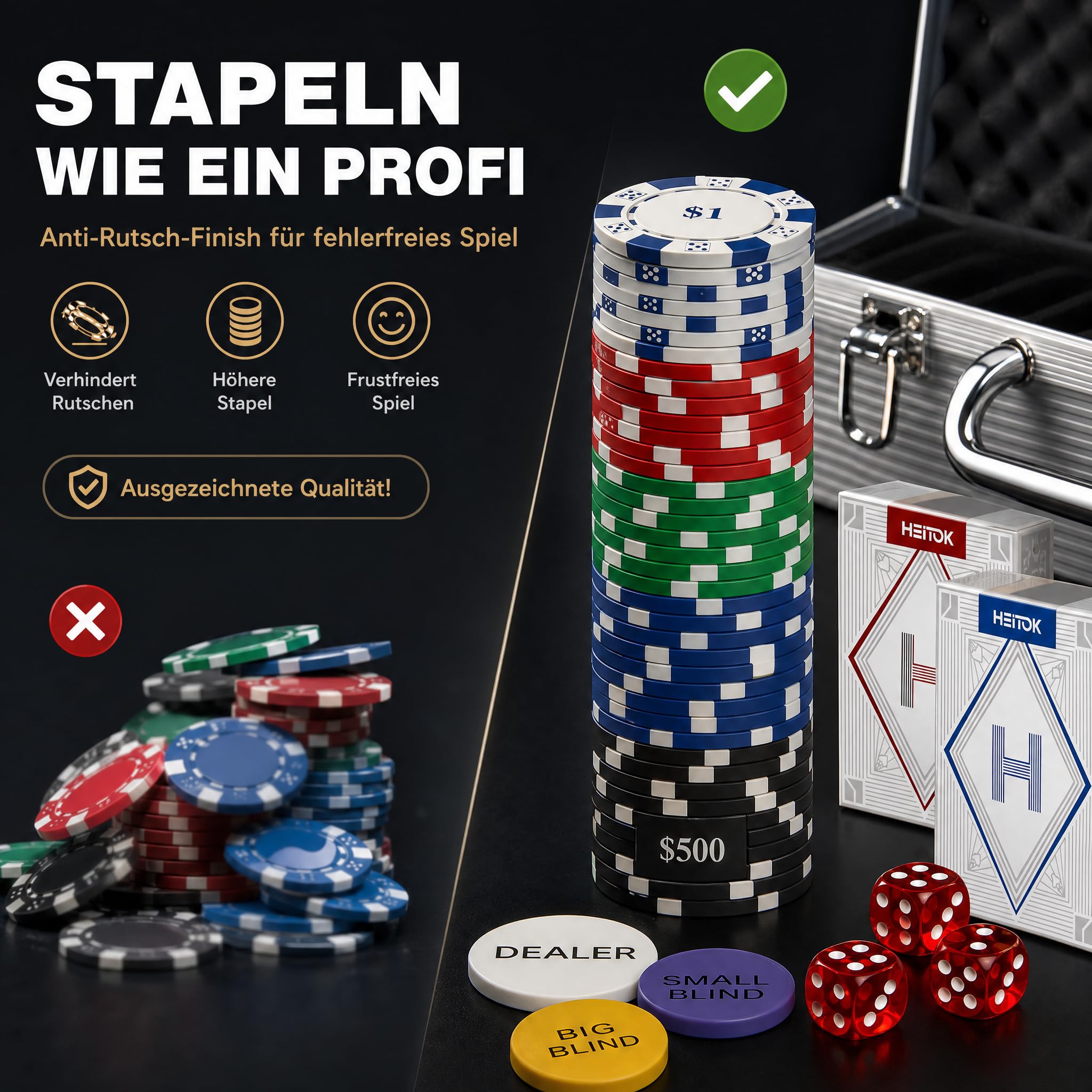 HEITOK Pokerkoffer 500 Stück – Premium Texas Holdem Set mit 11,5g Laser Chips & Alu-Koffer für 10 Spieler | Aluminiumkoffer mit Dealer und Blind Buttons, für 2-10 Spieler, Texas Holdem, organisierte Kartenrunden, zu Hause