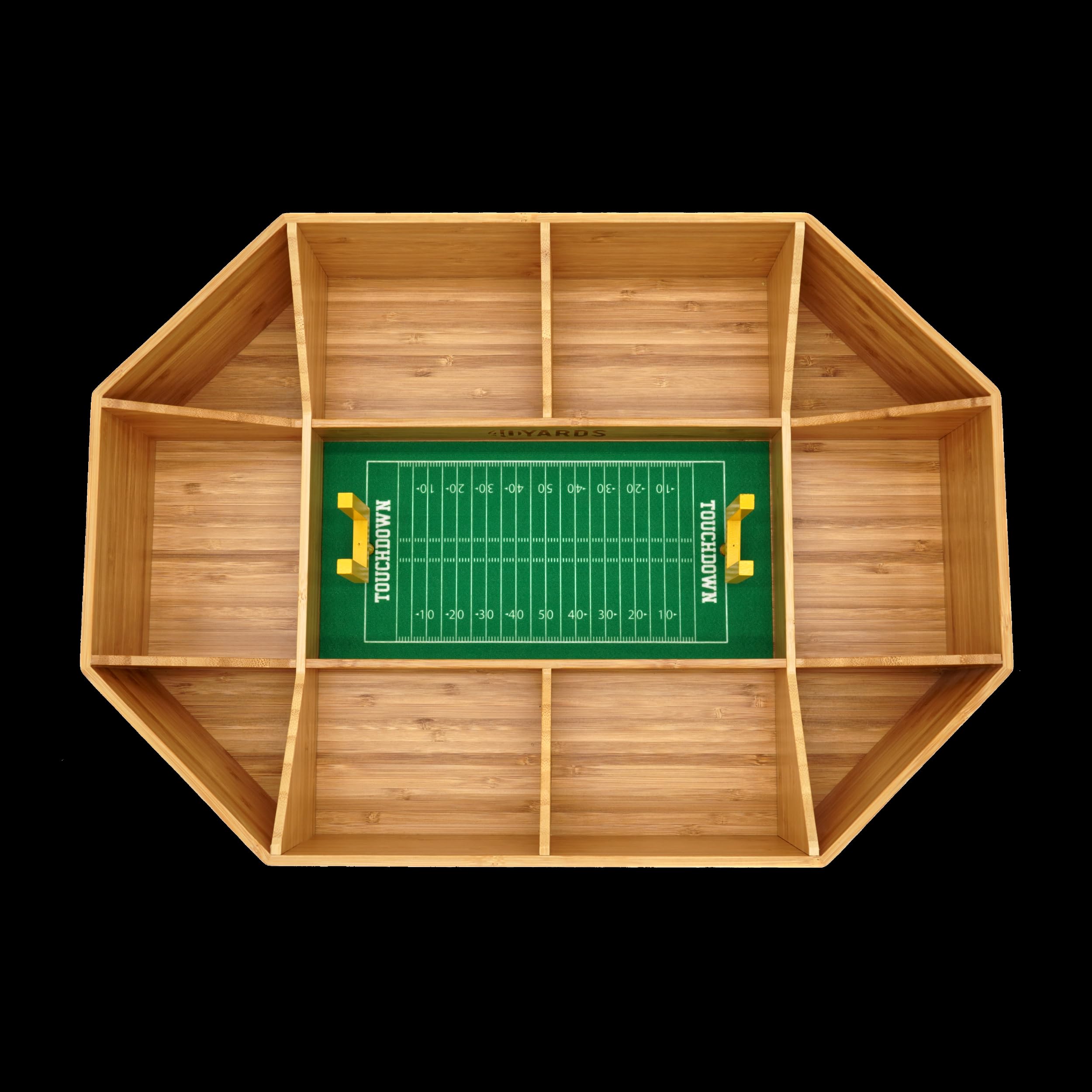 40YARDS American Football Snack Stadium - Estadio para aperitivos de madera de bambú + fieltro (suave) con marcas y 2 goles de campo amarillos | Tamaño: 50 x 36 cm | Construido | Estadio de Football