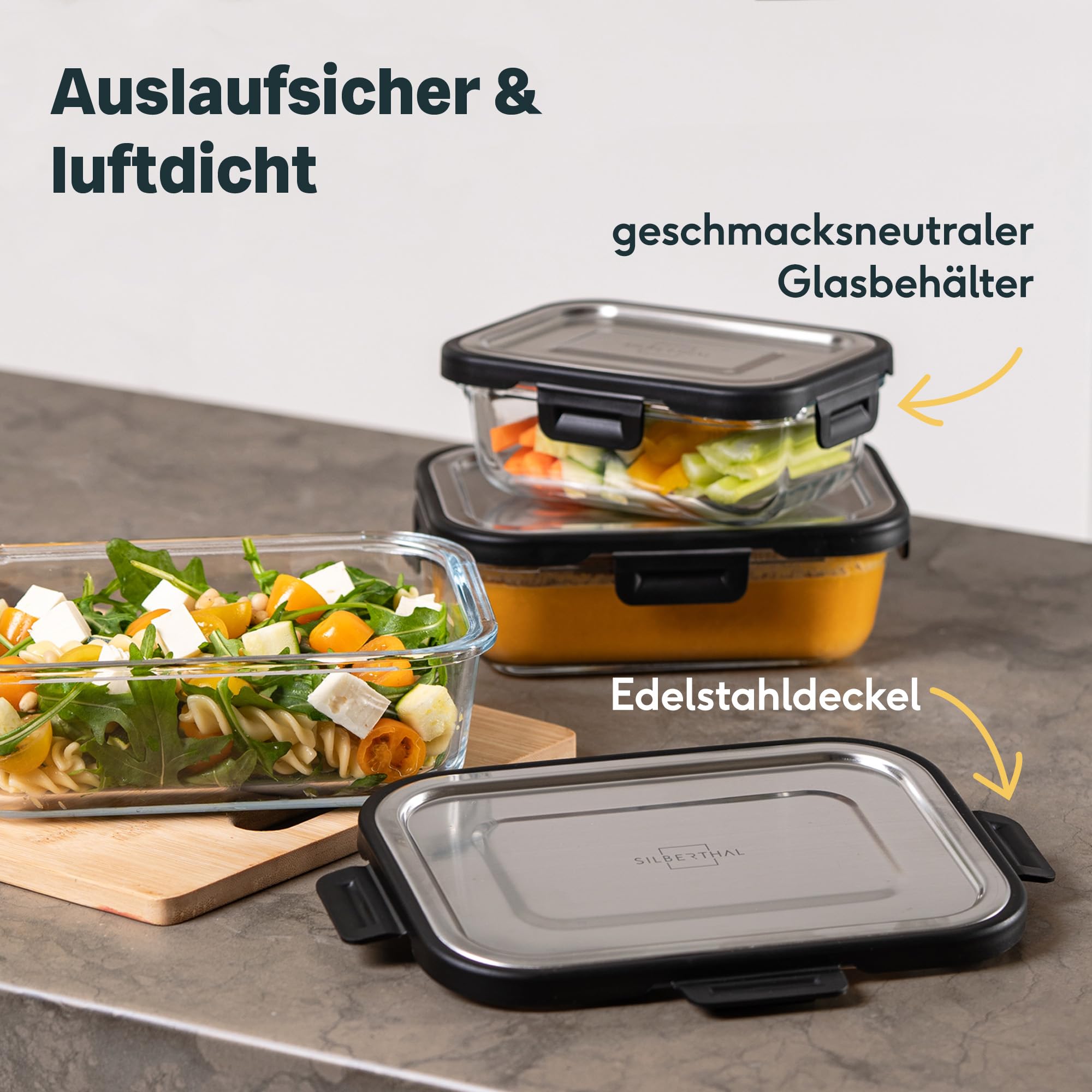 SILBERTHAL Frischhaltedosen Glas 6er Set mit Edelstahl Deckel - Luftdicht für Meal Prep - Lunch Box für unterwegs, Office, Camping - Spülmaschinen & Backofenfest