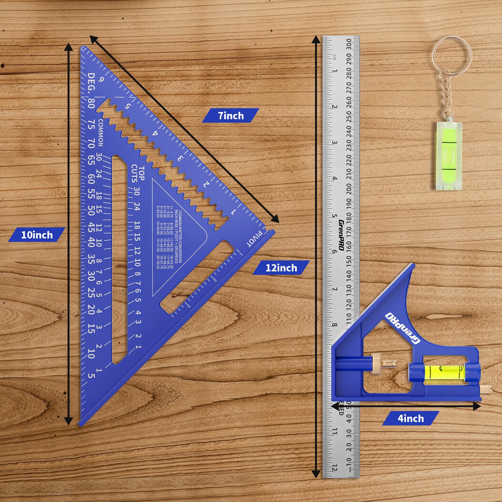 Square Combination Woodworking Tools, 7inch Carpenter Square Wood Working Tools and Accessories, 12inch Square Ruler, Includes Small Bubble Level, Protractor Angle Ruler Carpentry Tool
