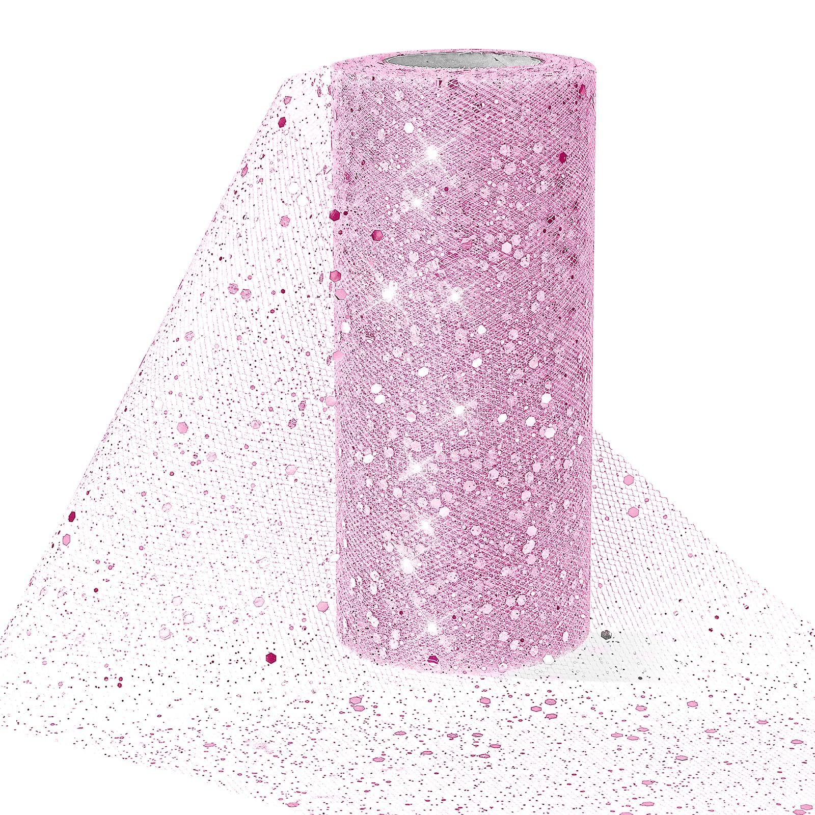 GraGra Glitter Tulle Fabric Roll, 6 Inch x 25 Yards Glitter Netting Fabric, Soft Glitter Mesh Ribbon Spool with Shiny Sequins for DIY Tutu Skirt Bow Wedding Decoration Table Runner Party (Pink)