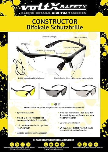 Miniatura 46 de voltX Gafas de seguridad de lectura BIFOCAL "Constructor" (humo/gris + 1.5 dioptrías) con certificación CE EN166F/gafas deportivas de ciclismo